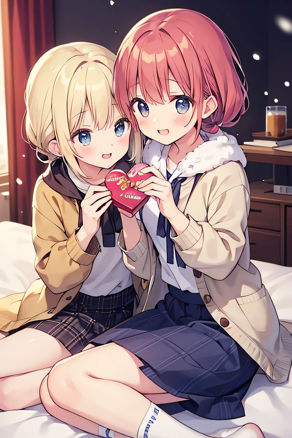 top quality、 high resolution、( HD:1.2)、 Masterpiece、 detailed background on a futon、 beauty、 big size、( very detailed face:1.2)、Bright-colored hair、Braided bob cut、 ponytail、
On Valentine's Day、There's soft snow falling outside、
「 it's cold but 、We'll wait just a little while!」Saying that、We take out a small box from our pocket、
「this、Friend chocolate! it's cold but 、this食べて温まって!」
We bump our hands together and laugh、We don't even mind that our fingertips are cold、
「Well then、And next time we'll go for hot chocolate together!」We promised to give each other chocolates、And feel all warm and cozy、We pair a thin cardigan with pearl buttons with a cute flared skirt、We choose calm colors like beige or light blue、We pair a small jacket-style top with a plaid skirt for a mature and stylish look、We put on tights or cute socks underneath、We put our hair up half-way with a ribbon、 cute
