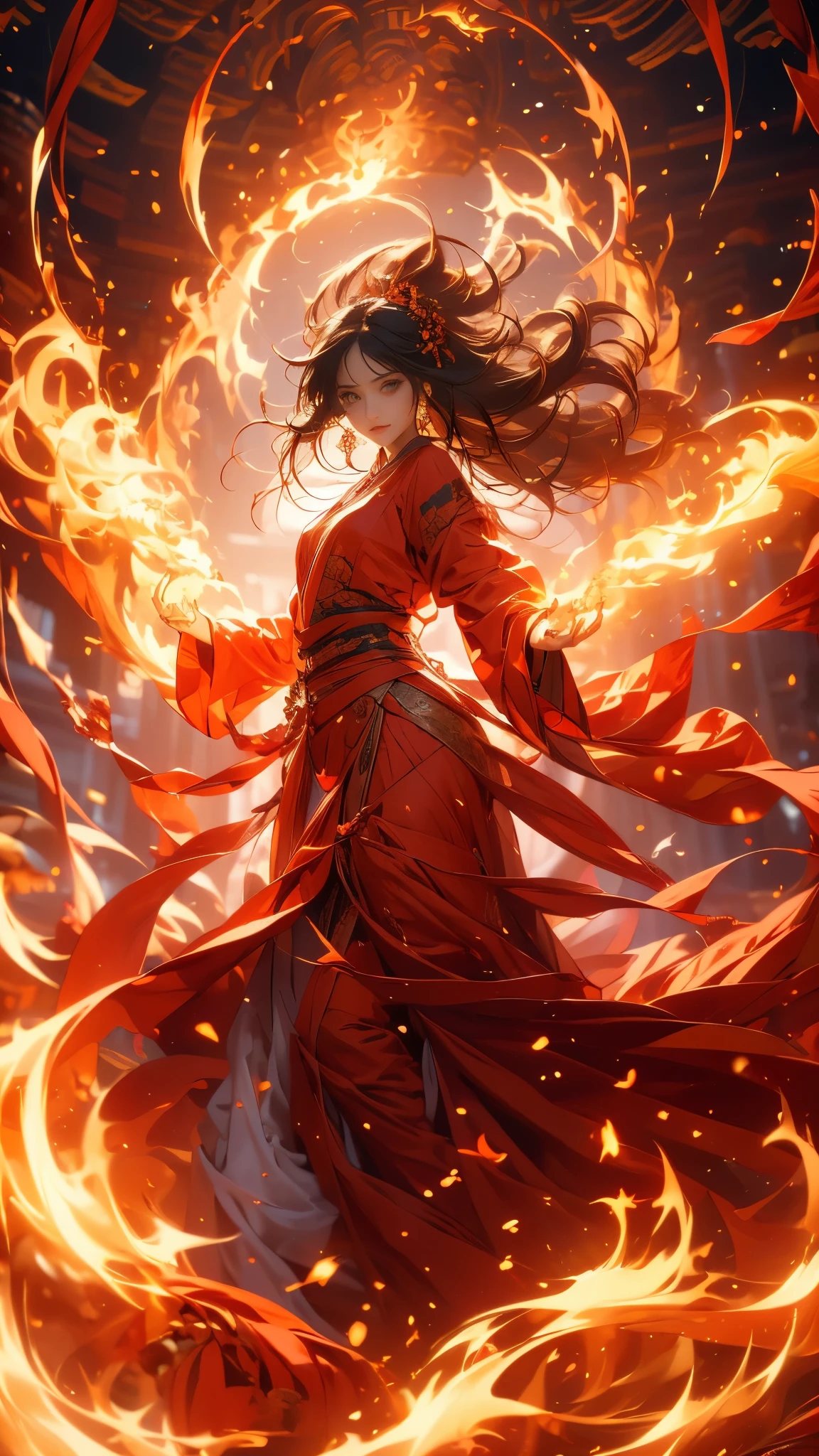 A flame goddess:Hestia, (epic composition, A woman wearing a flowing crimson clothing which is like a Hestia’s one In ancient Greek religion,Sacred place, very beautiful fire:flowing), (perfect anatomy), front view, whole body, random sexy pose ,(rich expression, faint smile, [Open your mouth], sexy, enjoy), (flowing hair, red gradation), detailed seductive face, detailed eyes, detailed hands, clear skin, sharp face), (4k, 8k, ultra detailed, UHD, masterpiece, best quality, best quality, incredibly absurdres, official art, intricate accurate rendering ), Rich scene details, (solemn altar, candlesticks, in sacred place) , detailed hands and fingers, fire,floating,flame,magic,glowing