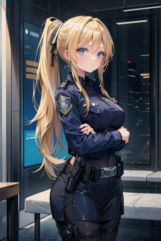 long gloves up to the elbow、Female police officer、Overbearing、Glare、look down、Blonde