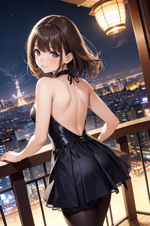 ​masterpiece, 4K, top-quality, Misaka Mikoto, Luxurious black dress　a miniskirt　A sexy　nightcity　　Beautiful back　beauty legs　Cool Face