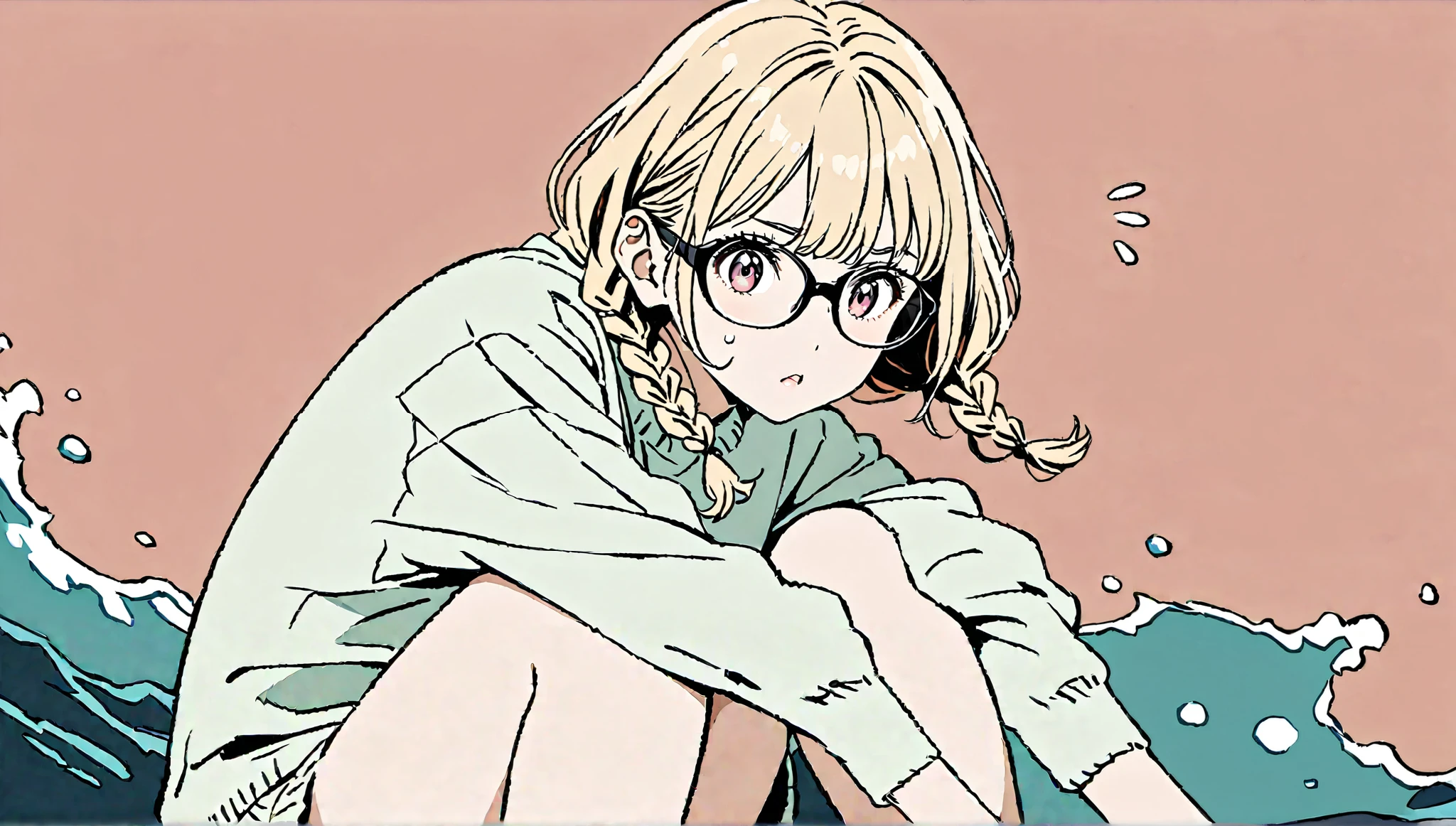 (( surprised expression sitting underwater)),( Hair)),Glasses、masterpiece, ((( your knees))),((( with a bleak expression)))、Highest quality, Beautiful attention to detail, Very detailed, In detail, High resolution, Perfect Anatomy, , , girl, (one person:1.5), alone, ( long hairstyle with braids),黒縁Glasses、 ( wearing a white sweater), (( simple solid color background))), Background, (City Pop anime),  Kyoto Animation, ,anime, Front view、