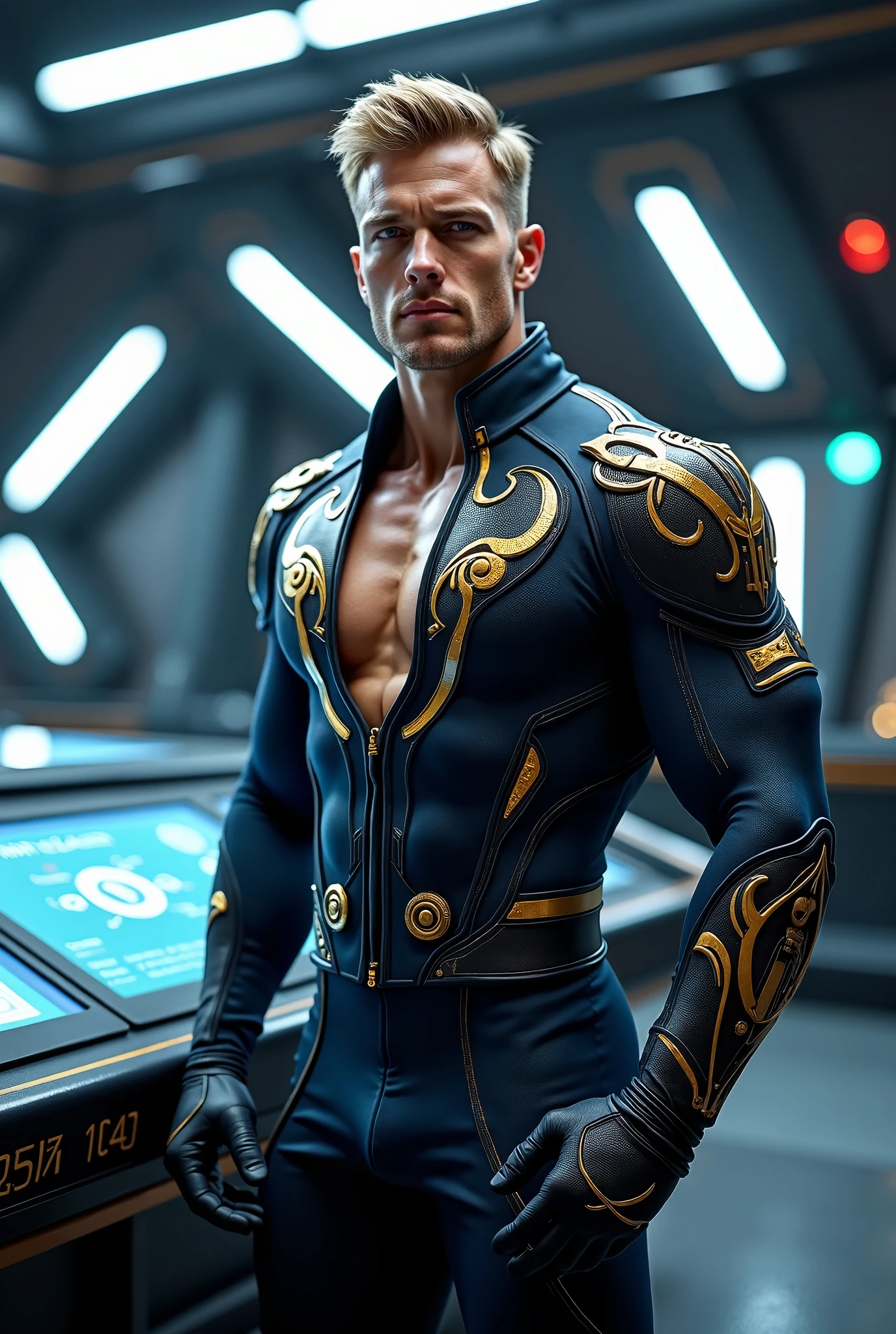 a photorealistic image of a young muscular bald handsome man from the future wearing transparent skintight turquoise and white space captain's uniform including a decorative jockstrap, dynamic pose