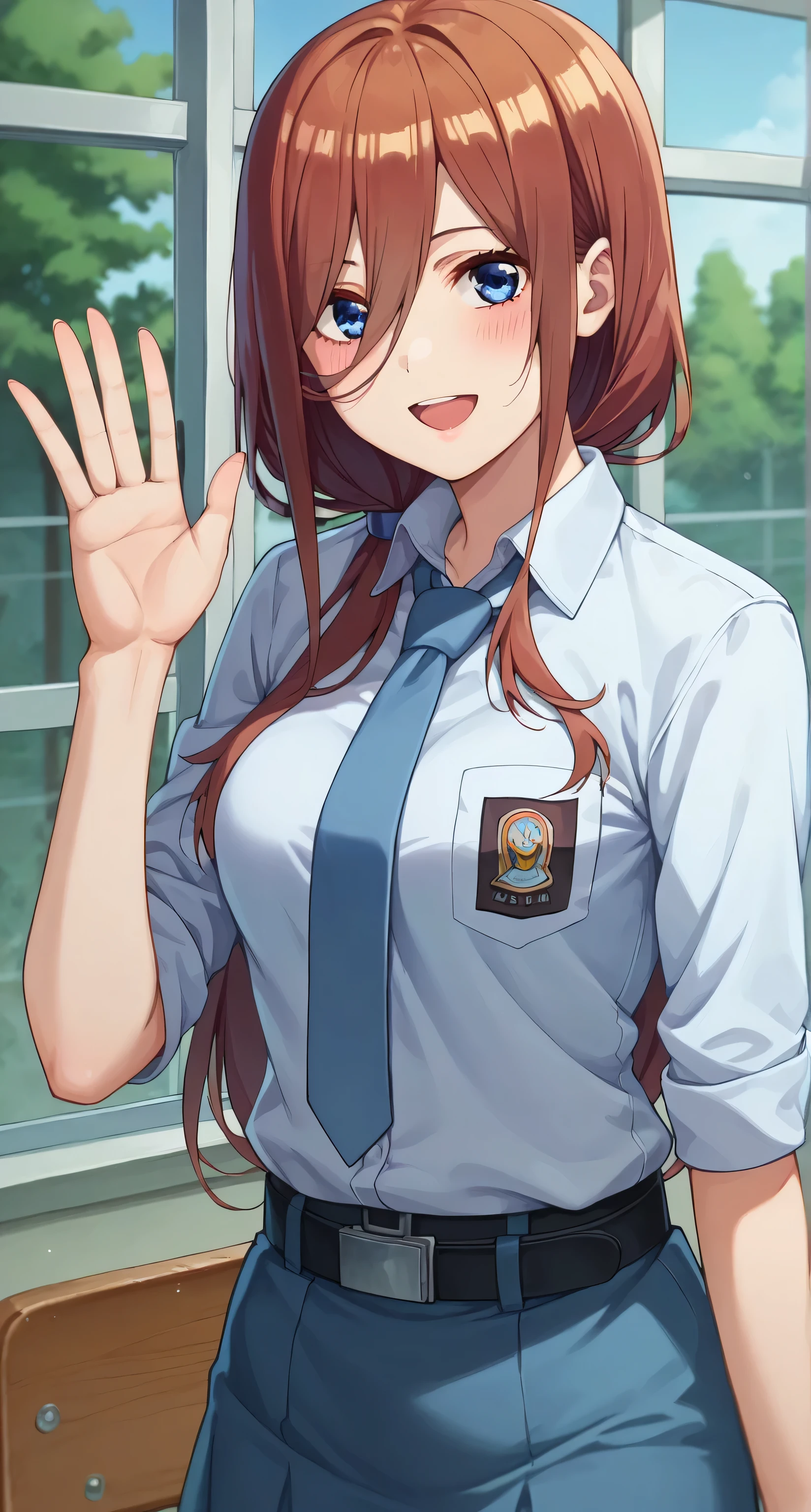 score_9, score_8_up, score_7_up, 1girl, prefect lighting, very aesthetic, intricate details, highly detailed background, masterpiece, high quality, prefect hands, best quality, solo,
nakano miku, long hair, blue eyes,
tucked in sma shirt, sma necktie, sma belt, sma skirt, sleeves rolled up,
waving, dutch angle, open mouth, smile, blush, looking at viewer,
school, window, sunny, tree, classroom,
(Beautiful, medium Breasts:1.2), natural breasts,