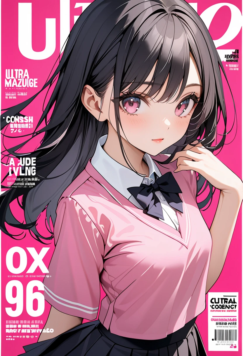 Anime style girl with brown hair wearing a black sweater that says I love mm2 with bare shoulders, long hair, black skirt, light pink cheeks, anime style, who has her hands on her head back and smiles and who has big breasts, long hair