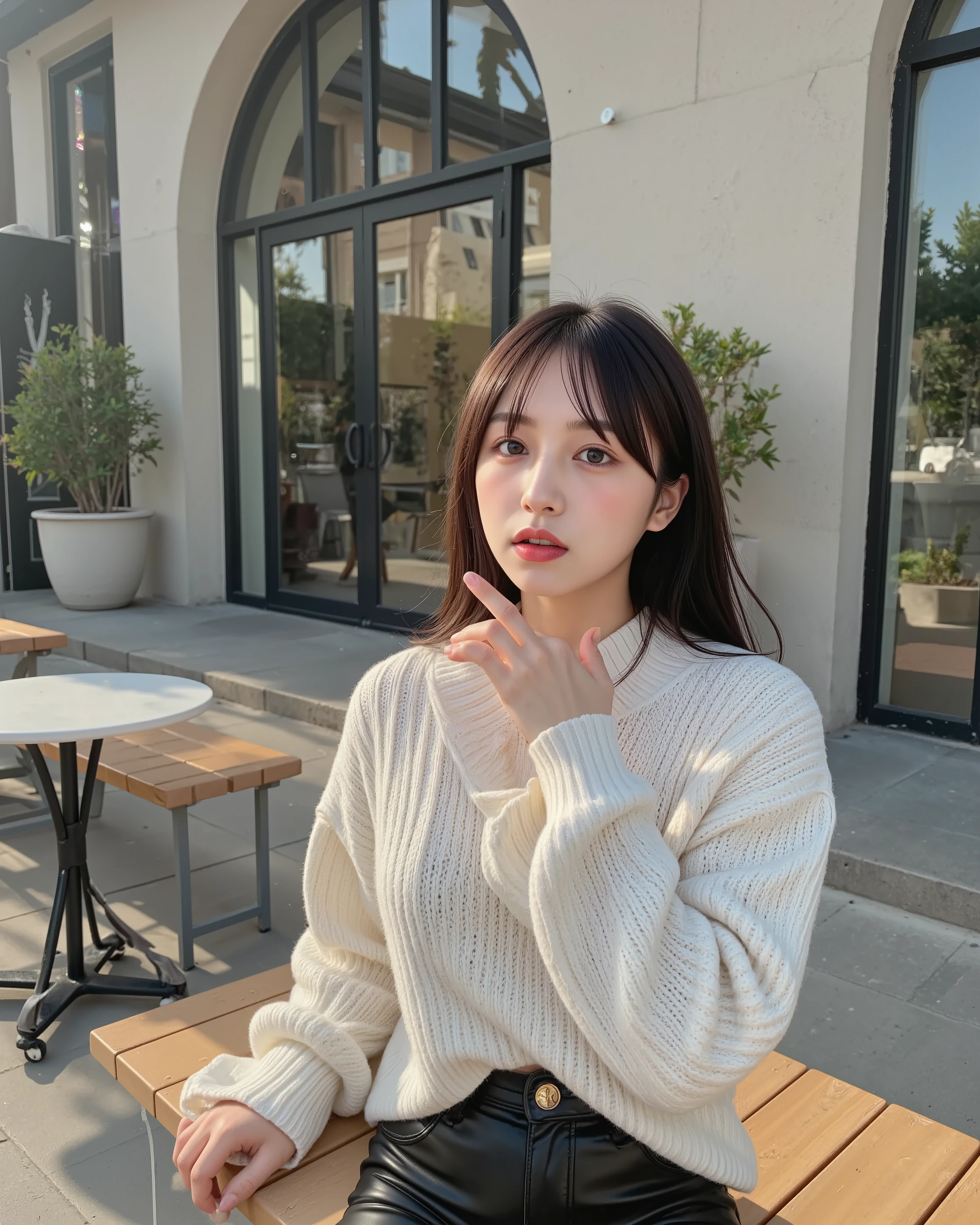 (instagrammable:1.4), (fashion photography:1.3), (trendy outfit), (luxury aesthetic), Japanese woman in her early 20s , glossy lips/glossy highlights ( arched windows/marble tables/ornamental plants {x} oversized knit/leather pants/chain necklace), Metallic Accessory , Artistic Makeup ( balance between natural everyday feeling and aesthetic appearance ), wave hair( Hair Fluttering in the Wind ), Urban Cafe Terrace Background ( stylish street fashion ), Pastel and neon color harmony , Background bokeh(cinematic bokeh:1.2), Smartphone Photography Style Angle , dynamic composition(Three-part method), Artistic Makeup , Light Grain Bleeding ( lens flare:0.8), Textured Clothes ( golden hour lighting in the evening ), Background Texture ( knit stitching/leather gloss ), Eye Catching Reflected Light , concrete wall/wood grain floor , Shining Color Temperature (Warm Color Main + Accent Cool Color ), Vertical Composition , Social Media Optimization , Professional Influencer Style , Light Movement Pose