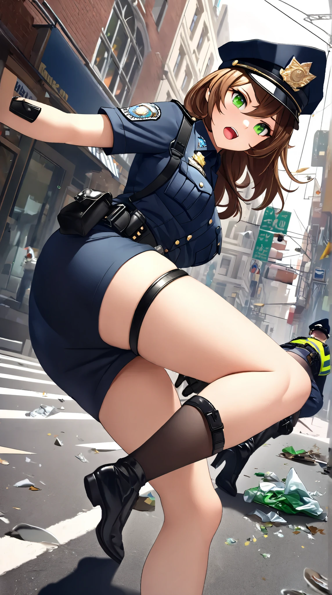 (drooping eyes, realistic skin), angle from below, (female Police officer, uniform, equipment), outside, downtown, pubic hair, (focus on her groin, (wearing panties with emphasis on high-quality rendering realistic details and textures), enjoying showing off her panties),