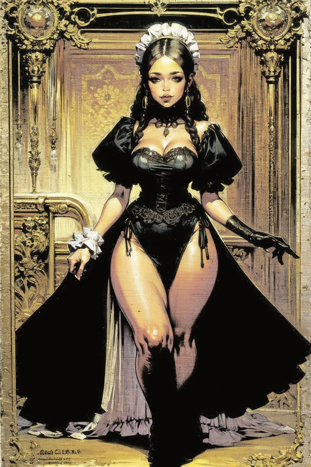 a ebony woman, standing, full body, ((solo)),close up, (dynamic pose:0.9), photorealistic, (hyperrealistic:1.2), beautiful, masterpiece, best quality, extremely detailed face, perfect lighting, medium breasts, (wide hips:1.2), nsfw, (from front), glowing, , (( red long curly hair)), perfect eyes, large eyes, curly eyelashes,(( dressed as a maid)), ) , (exited face:1.1) , ((perfect face)), ((fishnets)), , ((perfect hands)), (perfect hands), katanas in the hands, bedroom and sofa behind