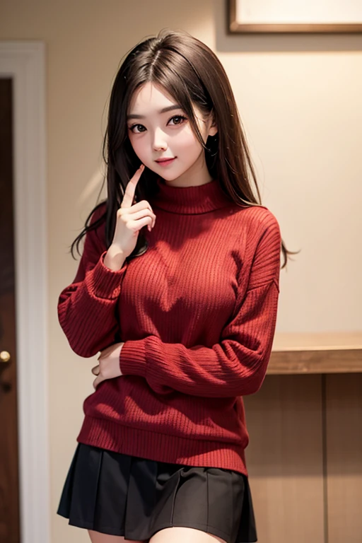 a 20 yo woman,hijab, soft red sweater, dark theme, soothing tones, muted colors, high contrast, (natural skin texture, hyperrealism, soft light, sharp), simple background, smile, natural beauty, modern chair, sitting on a chair, wearing jeans, white gloves, beautiful eyes, green eyes