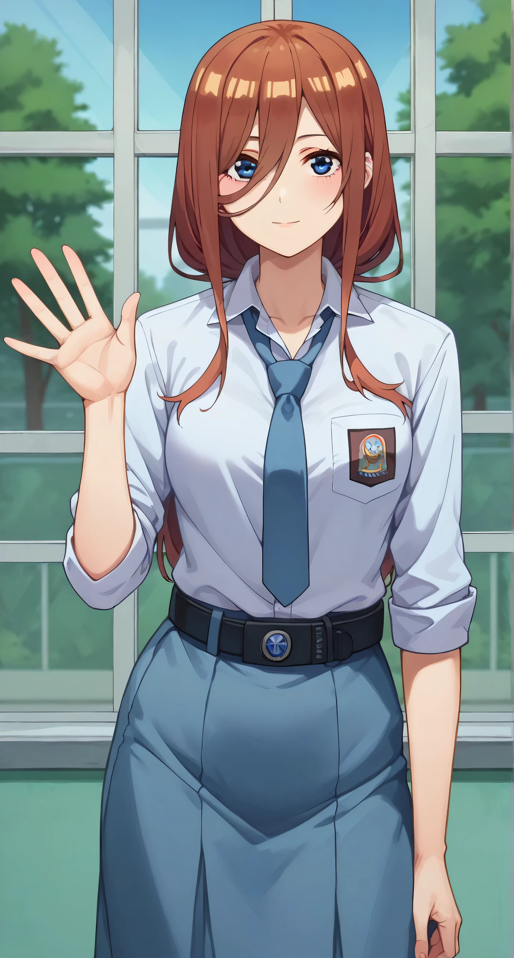 score_9, score_8_up, score_7_up, 1girl, prefect lighting, very aesthetic, intricate details, highly detailed background, masterpiece, high quality, prefect hands, best quality, solo, 
nakano miku,  long hair, blue eyes,
tucked in sma shirt, sma necktie, sma belt, sma skirt, sleeves rolled up, cleavage
waving, , looking at viewer, 
school, window, sunny, tree, classroom, 
(Beautiful, medium Breasts:1.2), natural breasts,