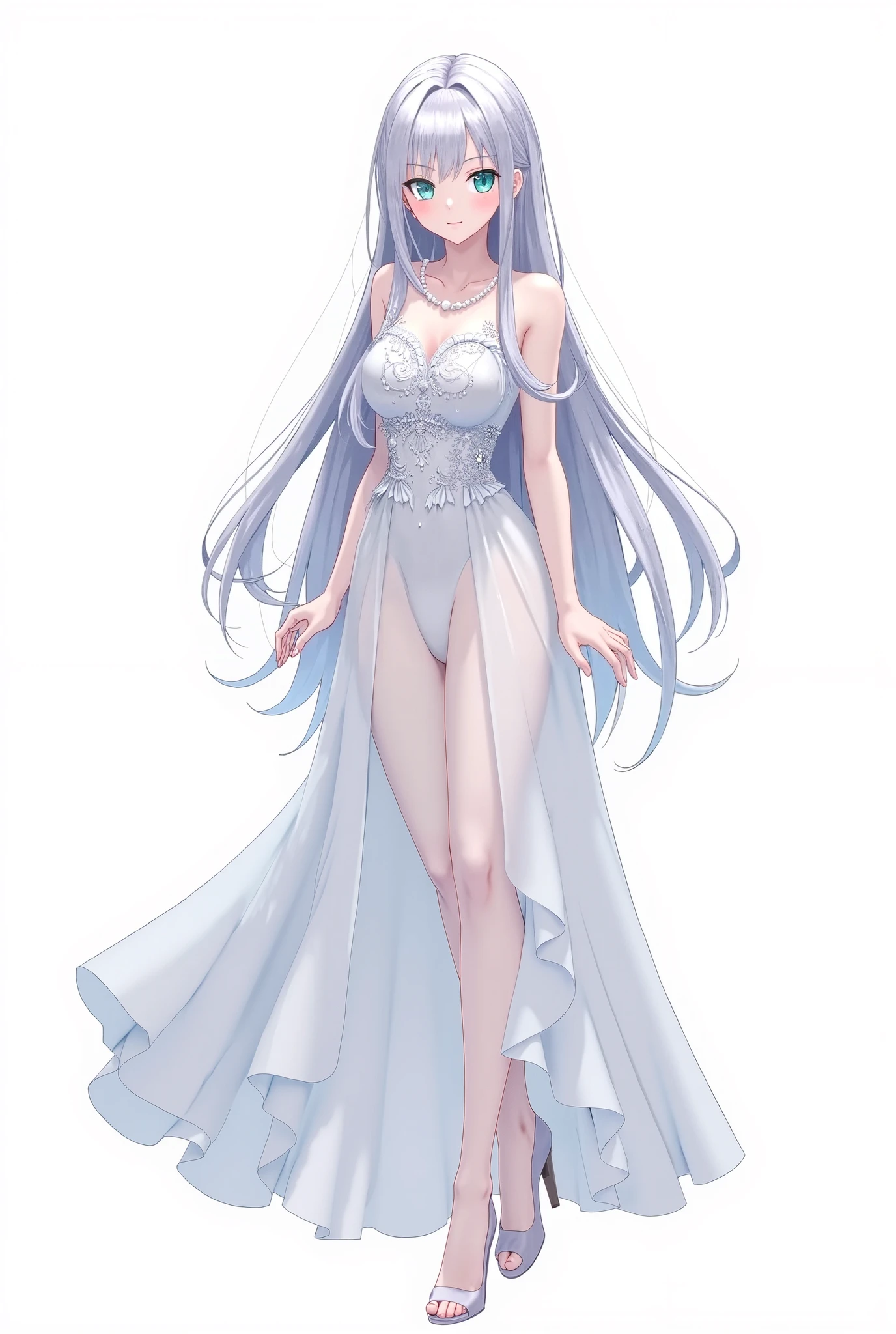 (Solo:1.3), 1girll, Indomitable\(azur lane\), \(origin\),White_dress,Masterpiece, Best quality, Extremely detailed face, sharp detailed, High contrast, Bare legs, White high heels, (Walking, Stride:1.4), (lower body:1.3), (feet), head out of frame,