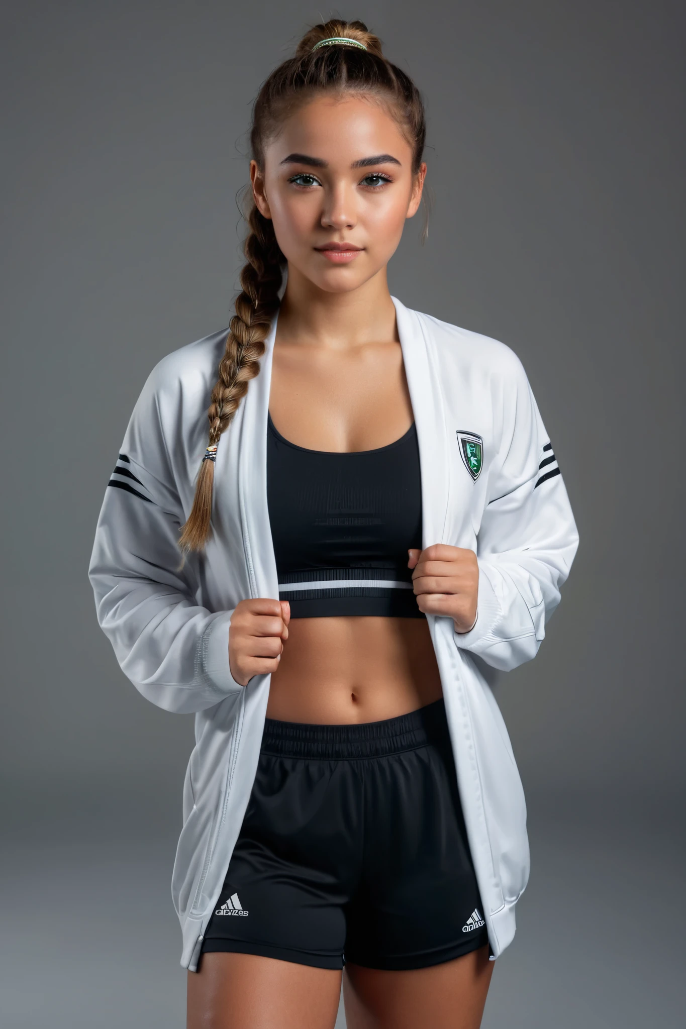 realistic, ultra-realistic, 8K resolution, casual indoor photoshoot with a dark backdrop, close-up picture, a mixed-race girl with light brown afro-textured hair styled into two neat braids, light but warm skin tone, slightly darker than average German tone, bright green eyes, wearing a black sports bra and matching black shorts, a white robe draped casually over her shoulders, confident and playful expression, athletic and toned figure, soft and natural makeup enhancing her features, cinematic lighting focused on her face and upper body, minimalist and sporty atmosphere