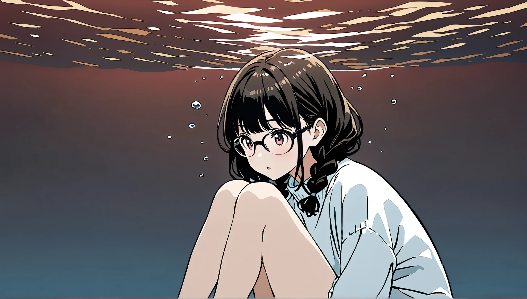 (( surprised expression sitting underwater)),( Hair)),Glasses、masterpiece, ((( your knees))),((( black hair)))、Highest quality, Beautiful attention to detail, Very detailed, In detail, High resolution, Perfect Anatomy, , , girl, (one person:1.5), alone, ( long hairstyle with braids),黒縁Glasses、 ( wearing a white sweater), (( simple solid color background))), Background, (City Pop anime), Kyoto Animation, ,anime, Front view、