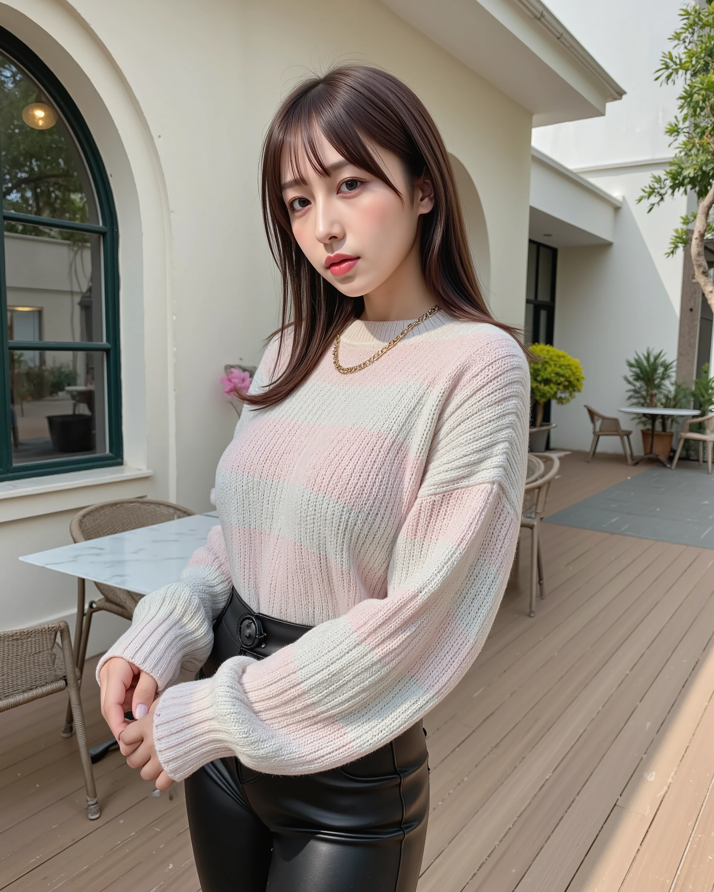 (instagrammable:1.4), (fashion photography:1.3), (trendy outfit), (luxury aesthetic), Japanese woman in her early 20s , glossy lips/glossy highlights ( arched windows/marble tables/ornamental plants {x} oversized knit/leather pants/chain necklace), Metallic Accessory , Artistic Makeup ( balance between natural everyday feeling and aesthetic appearance ), wave hair( Hair Fluttering in the Wind ), Urban Cafe Terrace Background ( stylish street fashion ), Pastel and neon color harmony , Background bokeh(cinematic bokeh:1.2), Smartphone Photography Style Angle , dynamic composition(Three-part method), Artistic Makeup , Light Grain Bleeding ( lens flare:0.8), Textured Clothes ( golden hour lighting in the evening ), Background Texture ( knit stitching/leather gloss ), Eye Catching Reflected Light , concrete wall/wood grain floor , Shining Color Temperature (Warm Color Main + Accent Cool Color ), Vertical Composition , Social Media Optimization , Professional Influencer Style , Light Movement Pose