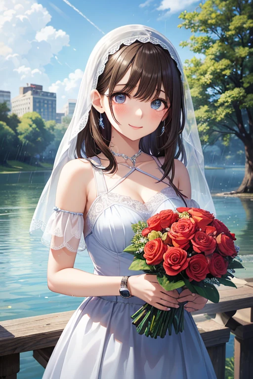 masterpiece, best quality, highres, aachinatsu, medium hair, breasts, wedding dress, bridal veil, white dress, <lora:kano_chinatsu_1:0.7>, garden, standing, holding bouquet, smile, open mouth, confetti,