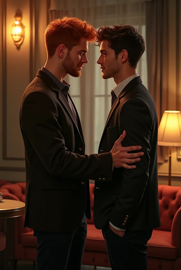 Jamie Dornan/Henry Cavill lookalike, and David Gandy/Henry Cavill lookalike, standing in London kissing each other passionately
