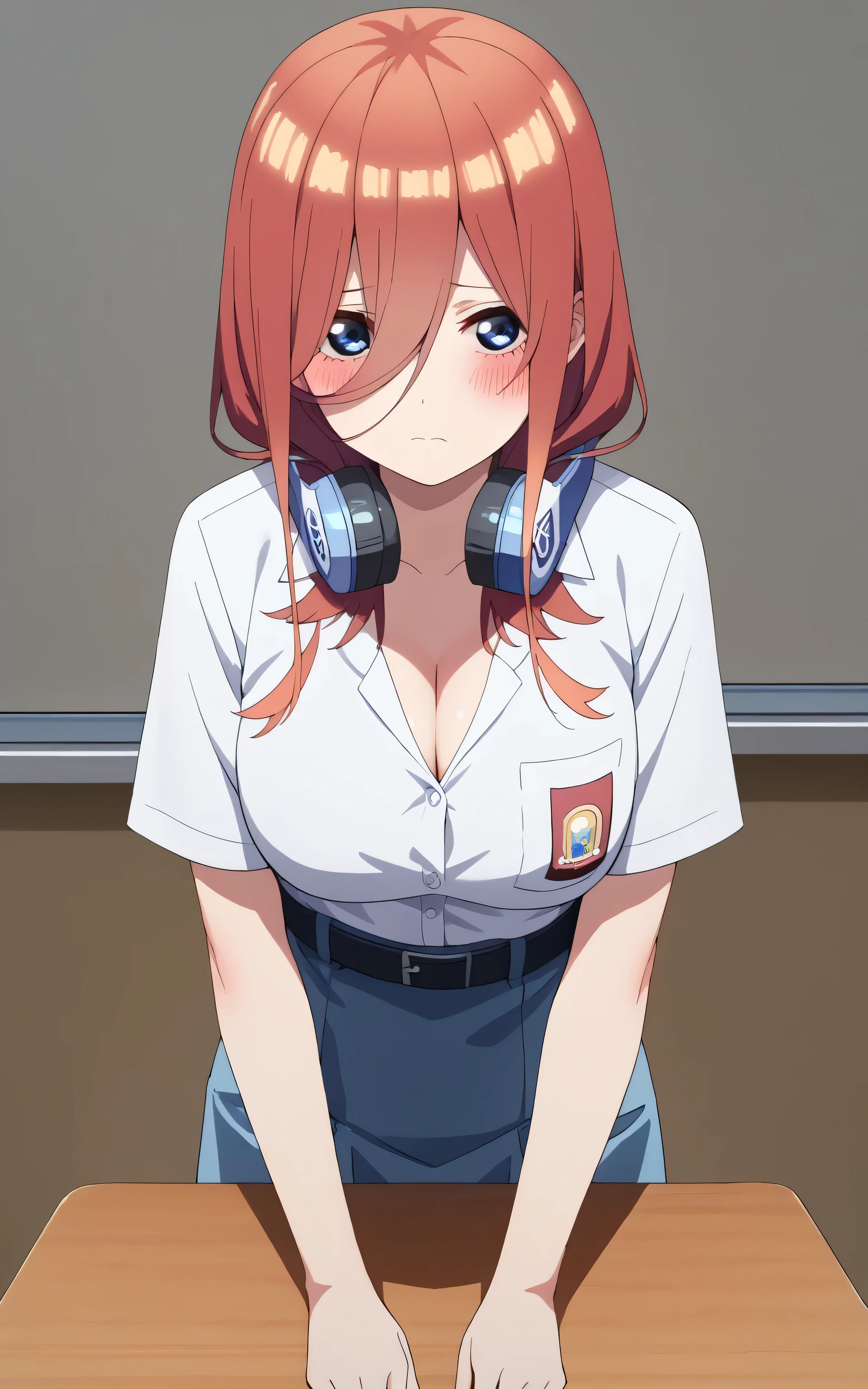 upper body, nakano miku, anime style, Random Sexy pose , ((Ultra detailing)), (very aesthetic, best quality, ultra detailed), intricate details,
1girl, Long hair, blue eyes, sharp jawline, long hair, shy, Blush ,Wearing sma shirt, mini Skirt, Belt, Cleavage, ((Background : Class room,) sit on classroom table