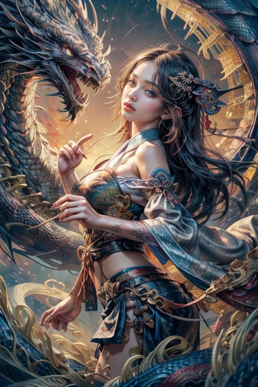 Amazing illustration of the dragon behind the beautiful girl, Beautiful rainbow kimono, masutepiece, A golden dragon surrounded by gold dust, Wind, God, Long wavy body, tusks, fantasy, mito, High quality, Highly detailed, masutepiece, Epic, Particle effect, Dynamic effects, Eyes are crystals, good luck, gold background, Wealth is on the rise, gold, One head, Realistic, Dragon God, The background is golden, 7 colors of brilliance, Grand,