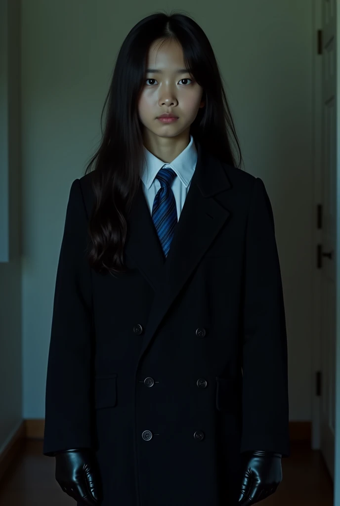 wearing black coat on school uniform, bondage on hand, blow job sitting on knees on floor, young girl, no dick, looking at you with mouth open, front view, no side view, full body black view, submissive, , light background, white girl of 