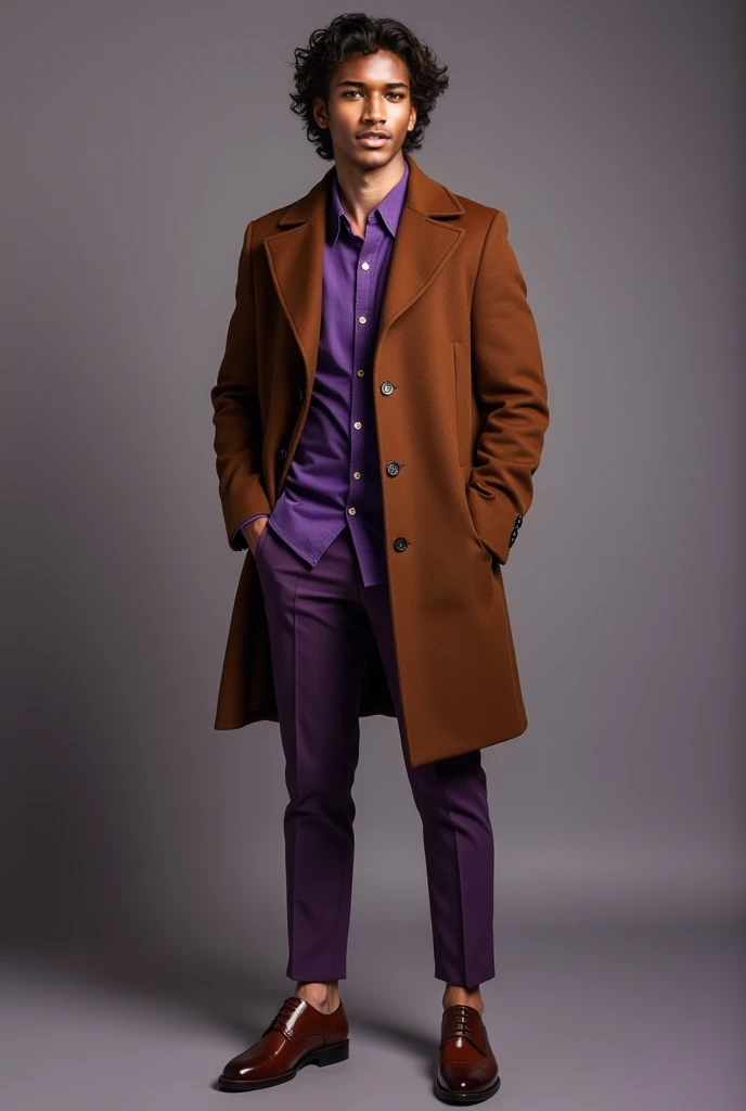 Professional full body shot of an attractive 28-year-old French male model, 195cm tall, muscular lean build, trimmed eyebrows, dark medium-long length curly 3C side part hair, vibrant purple eyes, gentle expression, wearing stylish brown and purple clothes, brown oxfords, standing at a photoshoot.