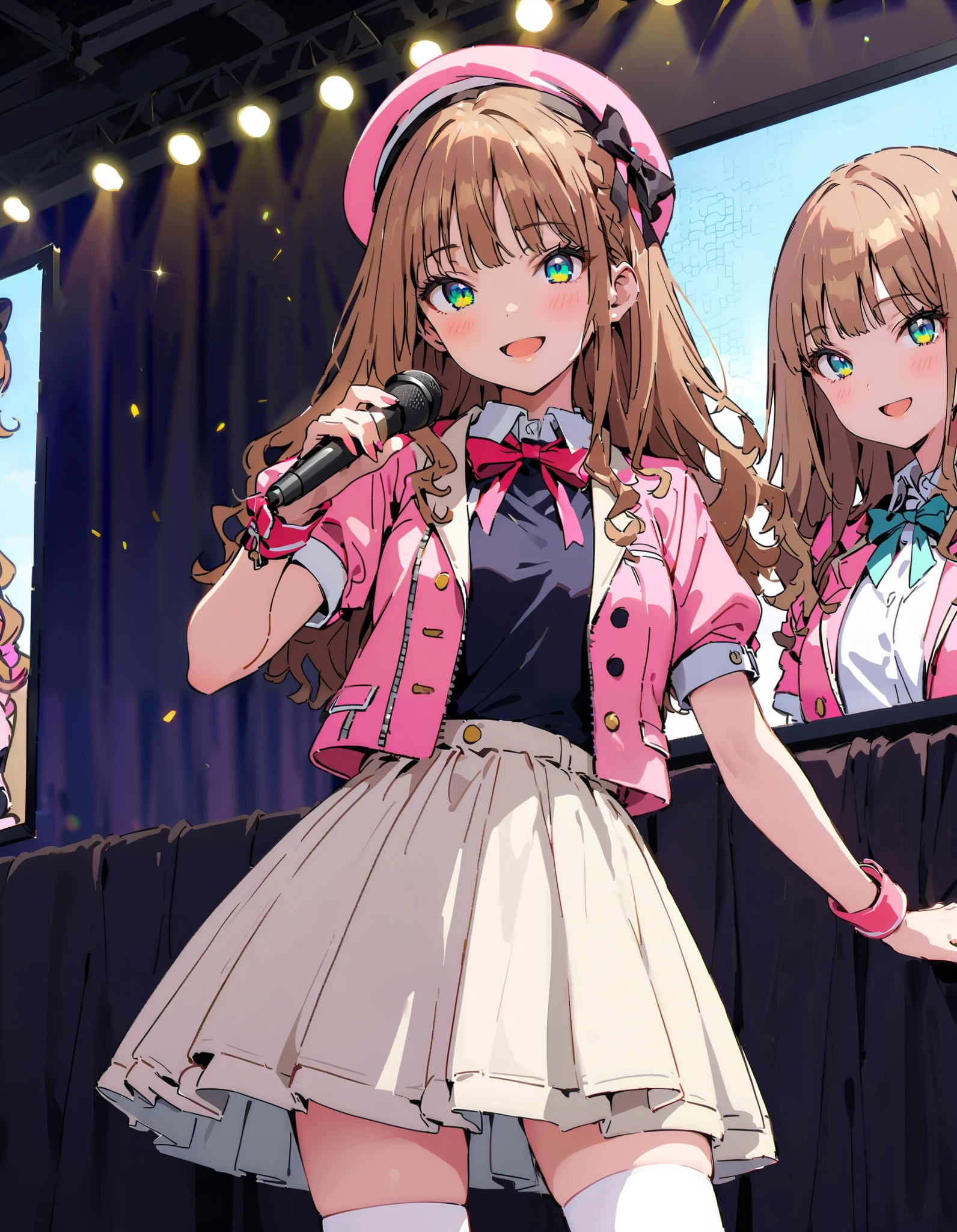 Minami Yume,  long hair,  brown hair,  Green Eyes, bangs, Medium breast, smile,blush, open your mouth,Alone,アイドル歌手がライブ  stageで熱狂的に歌うシーンのイラスト,アイドル歌手が  stage中央に立っている, idol singers sing with microphones ,The idol singer's expression is energetic and impressive,The singer&#39;s voice is strong and beautiful. ,  stageの周りにはファンが集まる,   fans sing and dance with idol singers Idol singers who do things  ,The Big Picture, Various colored lights , idol costume, dress,collared  dress, jacket ,cropped  jacket ,Short sleeve,bowtie,bow,button, gradation shirt that Furakana has ,beret,( white knee-highs:1.2),shoes, like the whole body is in the illustration ,  break indoors, stage,
break looking at viewer, like the whole body is in the illustration ,
break ( Masterpiece:1.2), top quality , kampala,unity 8k wallpaper,(shape:0.8),(  fine, beautiful eyes  :1.6),It's a person , full body photo,CG Details , ( perfect hands, Complete Anatomy),