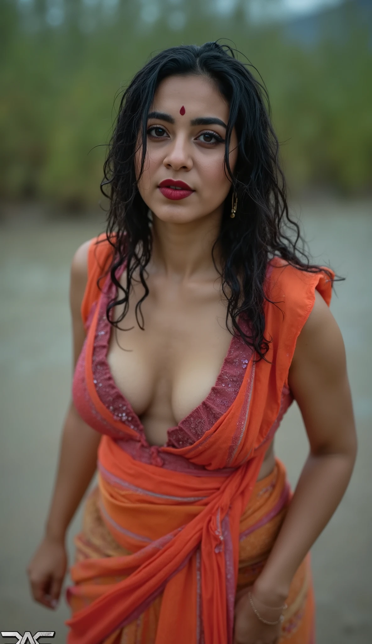 Beautiful cute wet tamanna bhatia, with thick thighs and a curvy waist, wearing a beautiful saree, ((lowwaist)), ((wet silky hair)), ((wet hair)), ((loose wet hair)), (( beautiful Indian dress)) , bindi on forehead, highly detailed, depth of field, cinematic lighting, intricate, ((26yo, gorgeous face, model, makeup)), gorgeous Indian woman in outdoor wearing bra, milf, dusky skin, makeup, curvy, tall, hourglass figure, seductive , ((looking at viewer)), jewelry, black hair, ((MILF)), ((big breast:1.2)), ((wide hips:1.2)), full figured, seductive, photorealism, hyper realistic,((wearing bottom half saree)), full face Blush, ((seductive face)) , ((breast visible)) , ((seminude)), raining, standing , ((full front view)) (((((sagging breast))))), looking at viewer, dynamic posing, ultra hd, unreal Engine, nikon bokhe effect, 8k, ((((sexy pose, dynamic pose)))),