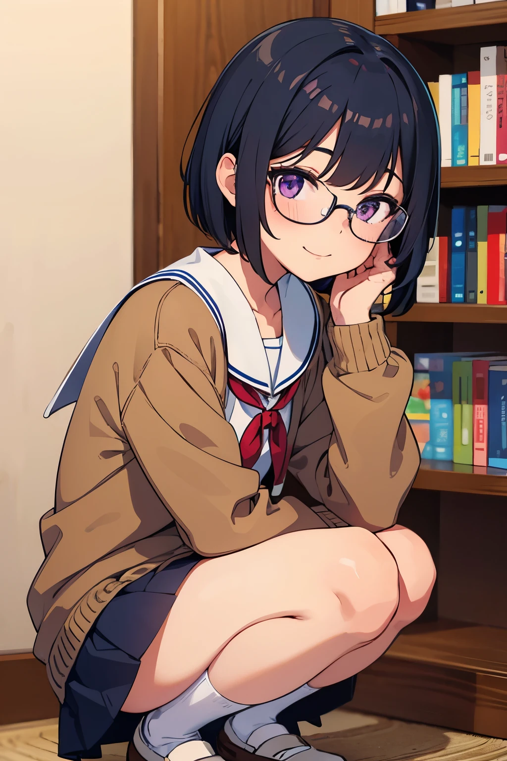 , 8 years old, toddler　Fblack hair, sb　Glasses　 Purple Eyes 　（One person） White upper body, short-sleeved sailor uniform　Navy blue mini skirt　White panties　（（I can see her panties））　White socks　sneakers　 School Library　sitting on the sofa reading a book　 Dynamic Angle　Low angle from the front　Low angle from directly below　Centered on the groin