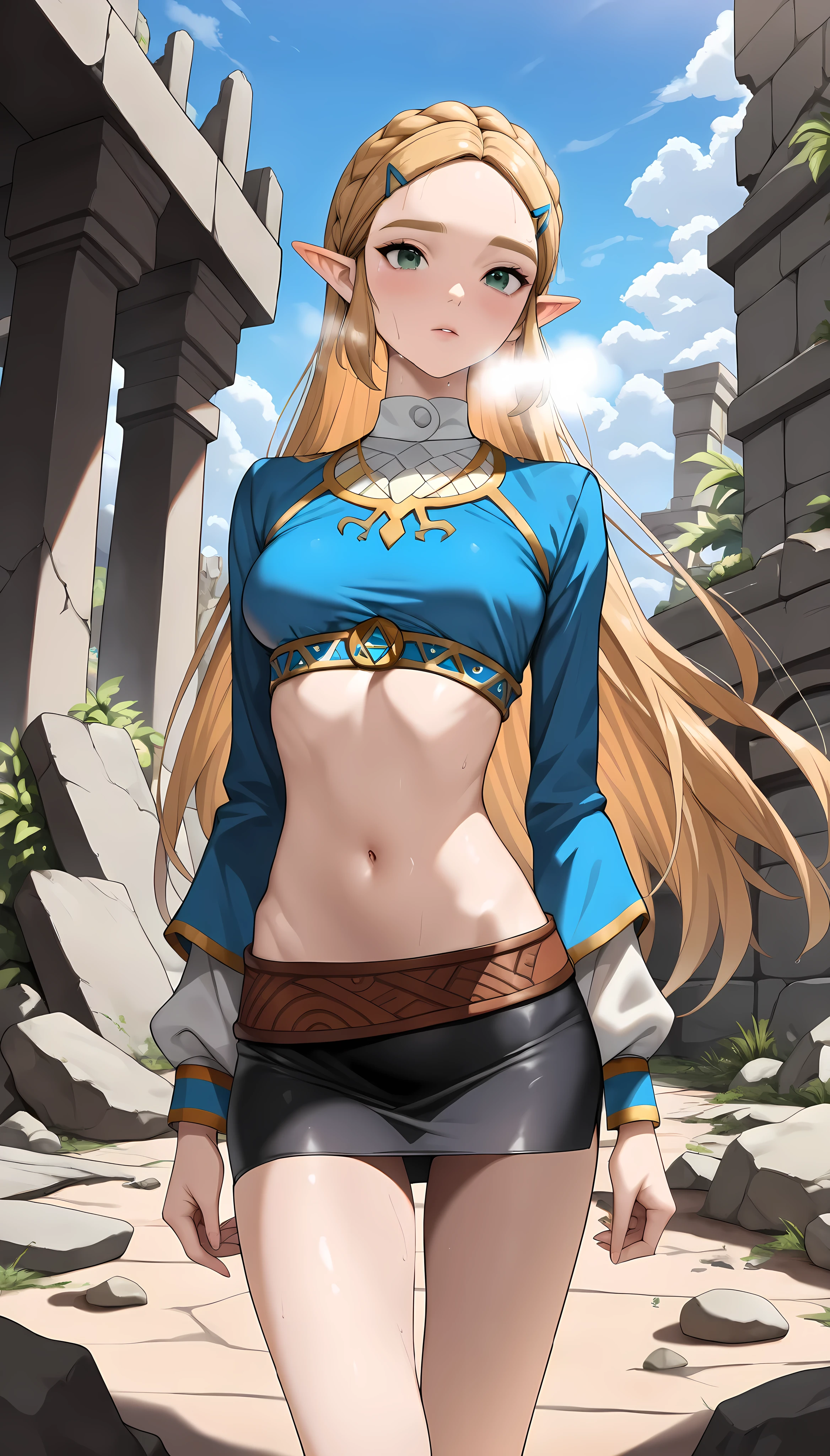 "An exquisite masterpiece with the best quality showcasing Princess Zelda from The Legend of Zelda: Breath of the Wild. Solo portrait of 1girl with black pants and a generously proportioned chest. Nintendo-inspired brilliance, the setting is in a bright forest."