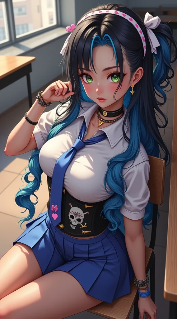 ( masterpiece, ultra-detailed, mejor quality, Clear focus, shadow, anime-style, ultra high resolution, 8K, perfect anatomy , perfect face , ( detailed face), ( Detailed eye ), score_9, score_8_arriba, score_7_arriba, score_6_arriba, score_5_arriba, score_4_arriba, source _animated, Label 1, Label2, quality_ masterpiece, anatomically correct, beautiful face, perfect face , Beautiful and very detailed face and eyes , Attractive face , detailed face, Delicate facial features , detailed skin, Dresses, wide hips, gigantic butt , thick thighs. A female anime-style character with a detailed and vibrant pattern . She has long wavy hair , with a mix of dark blue and bright blue , partially collected with a band adorned with pink hearts and a white ribbon. Her bangs partially cover one eye , giving him a mysterious air . Her eyes are large and expressive , in a bright green color with a bright green effect luminous . She wears a school uniform modified in a rebel style . The white short-sleeved blouse is fitted , wearing a loose blue tie and a black corset with a skull pattern . Her blue pleated skirt matches the tie . She has several striking accessories , like a black choker with a pendant of golden triangle , eyebrow and ear piercings , and wrist bracelets . A black tribal tattoo runs down her left arm , adding a touch of strong personality . She is sitting in a school classroom with natural light coming through the window , which highlights the details of her hair and skin .
