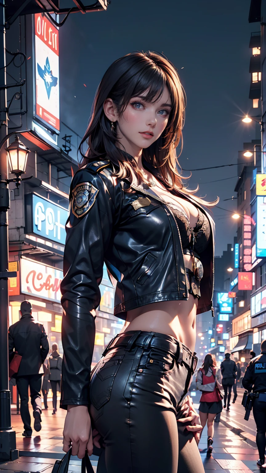 Portrait of M. Heights, beautiful face, On a cyberpunk city night . She's wearing a leather open jacket, lingerie, black jeans, Dramatic Lighting, (Police Badge:1.2).