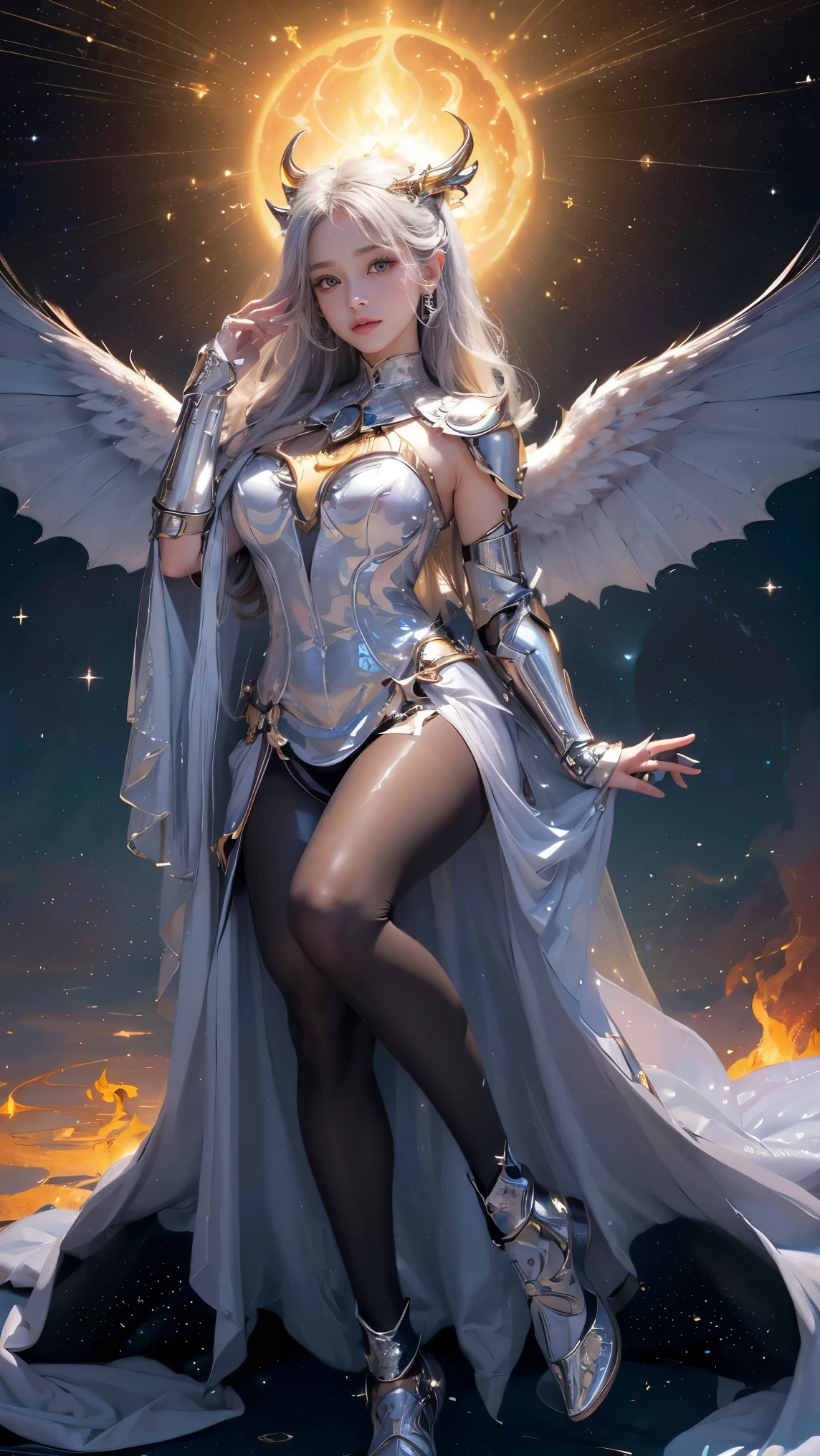 ((colorful dress, colorful theme, clothing, colorful theme, Very bright colors, Light particles)), symmetry, portrait, full body shot, accurate, 16k, highres, best quality, award winning, super detail, anatomically correct, masterpiece, retina, UHD, Ombre, Smile, Cleavage, Pure, High heels, Laces, Glitter, No bra, Offshoulder, Highly detailed facial and skin textures, Detailed eyes, Choker, Full body photoshoot, Full body, Far view, Full body in view, High heels in view, Attractive legs, Sexy legs, Tall legs, Slim figure, Dressed, (photorealistic: 1.4, clear: 1.2, perfect body: 1.4, beauty: 1.4, slim abdomen: 1.2, big breasts: 1.2, fit: 1.5, full-body shot: 1.4, random hairstyles: 1.2),((full body female angel, shining halo over head, extremely bright halo, halo)), 1 angel girl, shining wings, shining halo, exquisite headdress, beautiful female angel, large wings, white hair, white wings, on clouds, beautiful angel, attractive angel, clouds, glowing eyes