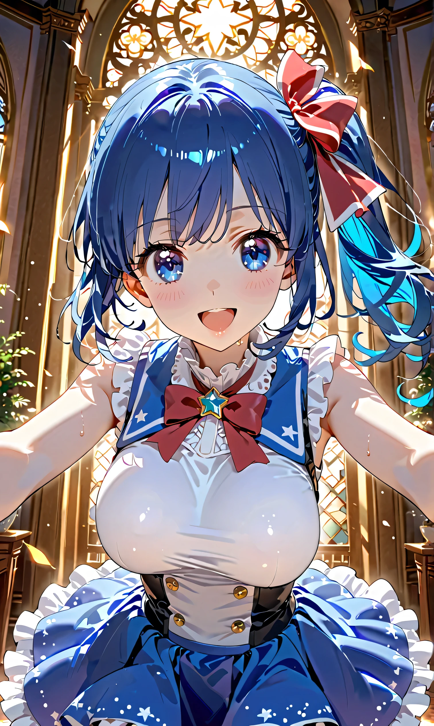 (masterpiece, best quality, highly detailed, ultra detailed, high resolution, absurdres, 4K, 8K:1.2), (official art, incredibly fine illustration, extremely detailed CG, detailed background, cinematic lighting, dynamic angle, perfect hands, detailed shiny skin, detailed hair, detailed eyes)(extremely awesome detailed pretty li face,beauty face)(extremely detailed)(Three-dimensional depiction) BREAK,Really big anime beauty top, 1 girl, solo, blue hair, blue eyes, side ponytail, breasts,, long hair, open mouth, smile, big breasts, sweat, red eyes , look at viewer with arms raised, shirt, skirt, sleeveless, ribbon, hair ribbon, 1990's_PC, Aoi Kiriya (Aikatsu!)