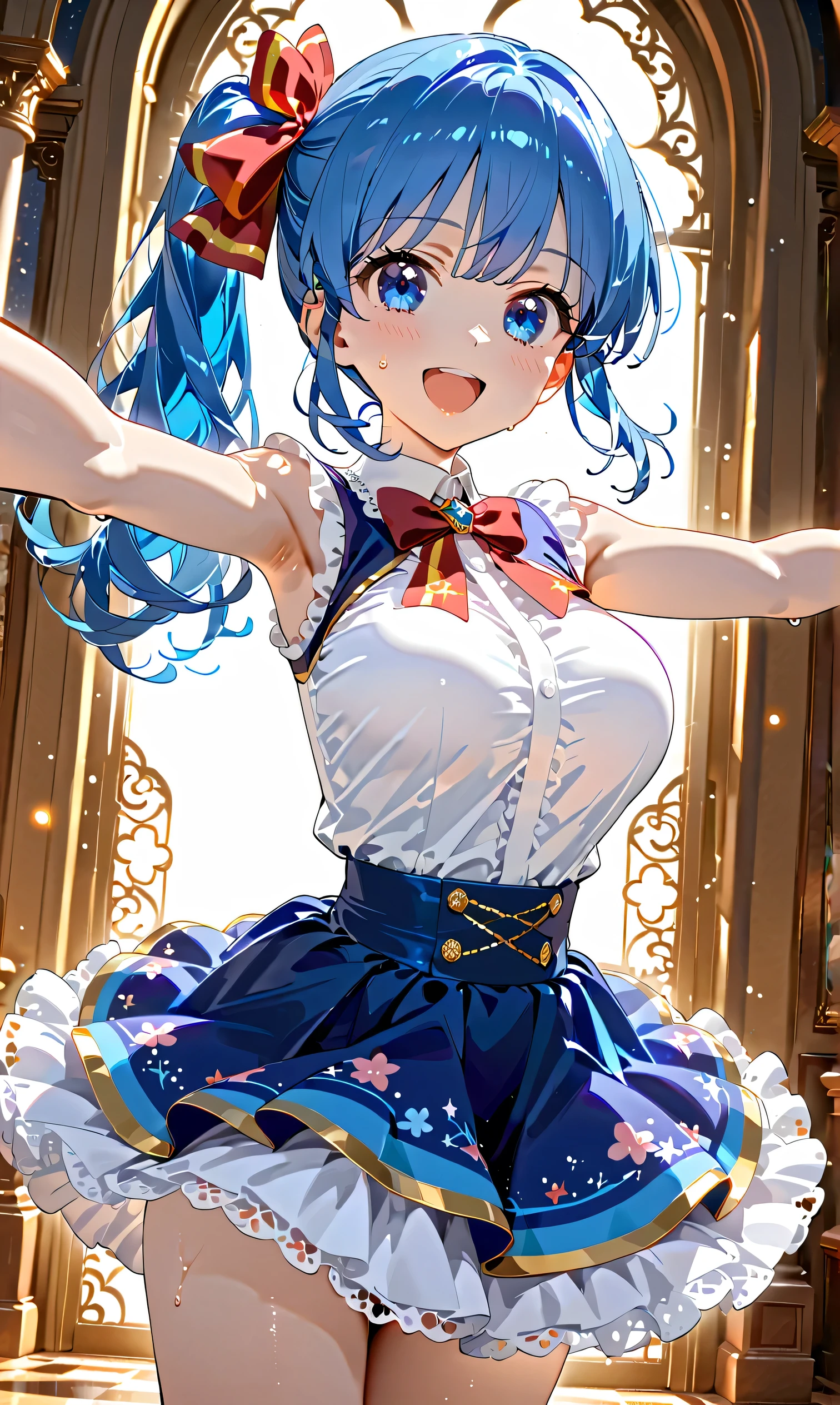 (masterpiece, best quality, highly detailed, ultra detailed, high resolution, absurdres, 4K, 8K:1.2), (official art, incredibly fine illustration, extremely detailed CG, detailed background, cinematic lighting, dynamic angle, perfect hands, detailed shiny skin, detailed hair, detailed eyes)(extremely awesome detailed pretty li face,beauty face)(extremely detailed)(Three-dimensional depiction) BREAK,Really big anime beauty top, 1 girl, solo, blue hair, blue eyes, side ponytail, breasts,, long hair, open mouth, smile, big breasts, sweat, red eyes , look at viewer with arms raised, shirt, skirt, sleeveless, ribbon, hair ribbon, 1990's_PC, Aoi Kiriya (Aikatsu!)