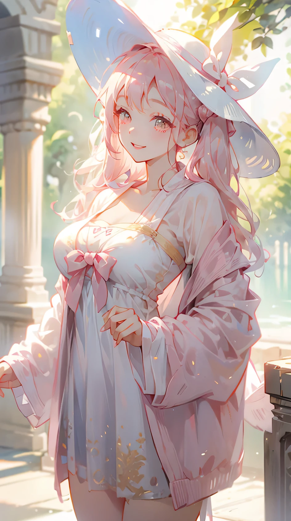 1 girl, Pink Twin tails Hair, Golden Eyes, Curvy Body, White One-piece Loose Dress, Pink Cardigan, White hat, Smiles, shiny day, outside.