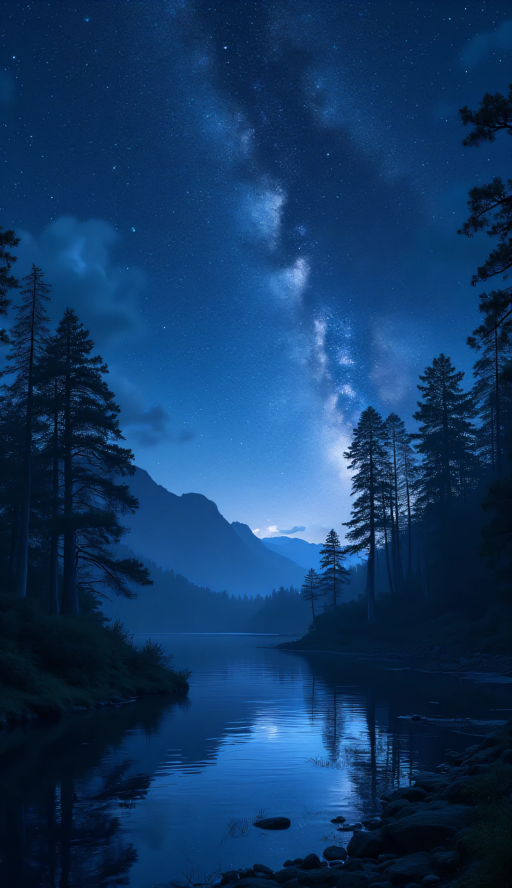 Starry night sky over a lake with trees and mountains - SeaArt AI