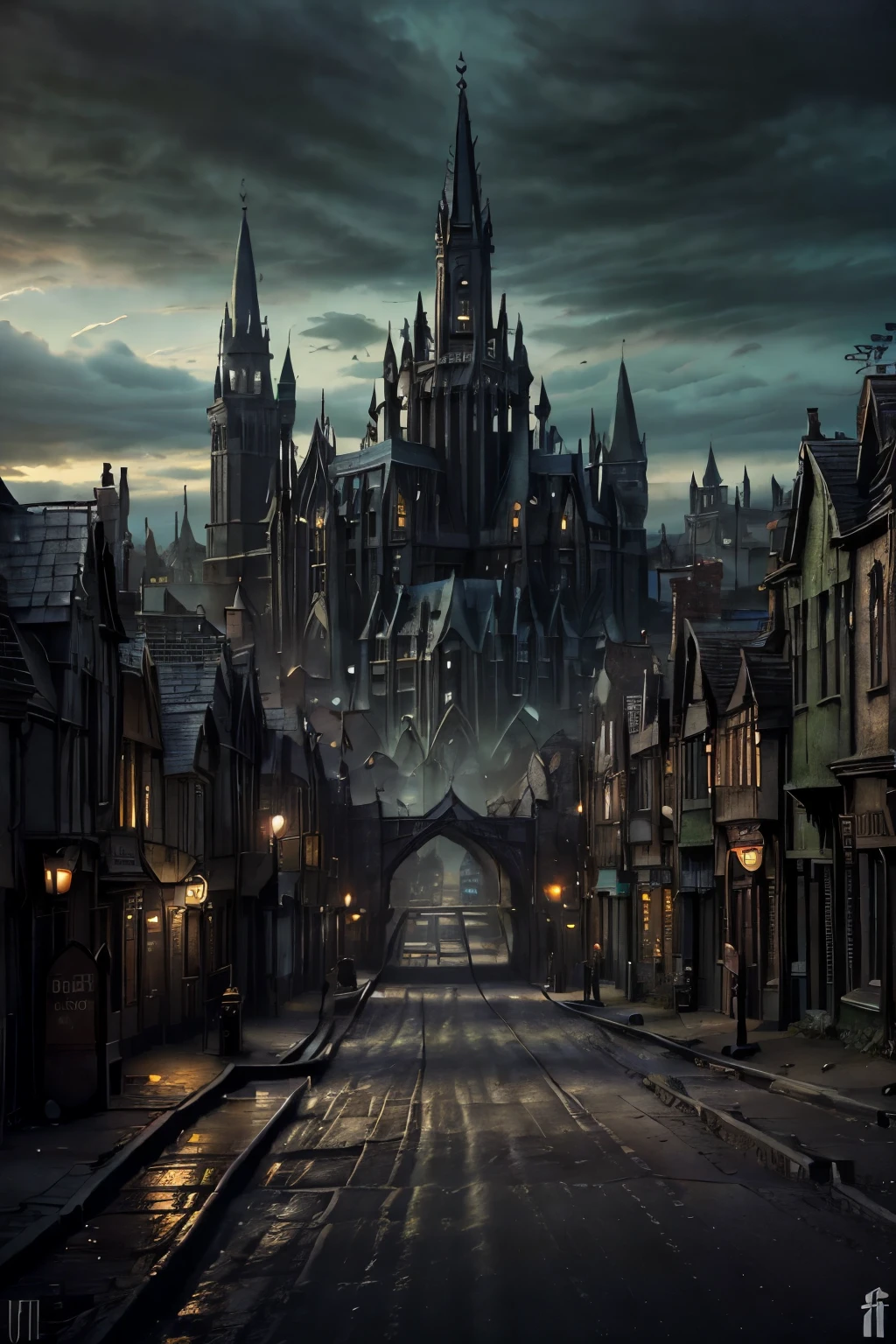 ((best quality)), ((masterpiece)), extremely detailed, delicate texture, aesthetic gothic collection, general term for (gothic architecture, art, fashion, literature, thought, style, and culture), gothichorrorai, (sinister), (dark), (gloomy), ((Victorian era)), ((gothic architecture)), ((street level)), ((pedestrian perspective)), ((a street level view of a dense slum like residential district of a gothic city)), ((the dark underbelly of the city)), ((the city proper rises and looms over like a canopy)), ((a mixture of rickety wood building structures and an older more permanent stone city foundation)), ((wooden walkways criss-cross above)), (the buildings rise up out of view), (the street before us is extemely narrow with a trickle of water and sewage runnoff flowing down the centre of the street)