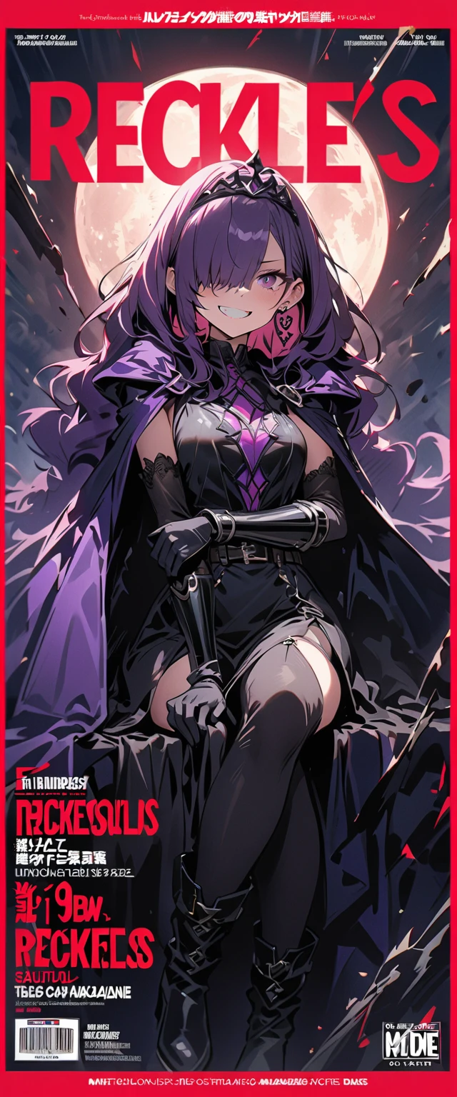 A pink haired woman with violet eyes and an hourglass figure in a warrior outfit is smiling with a scythe in her hand in a gothic castle