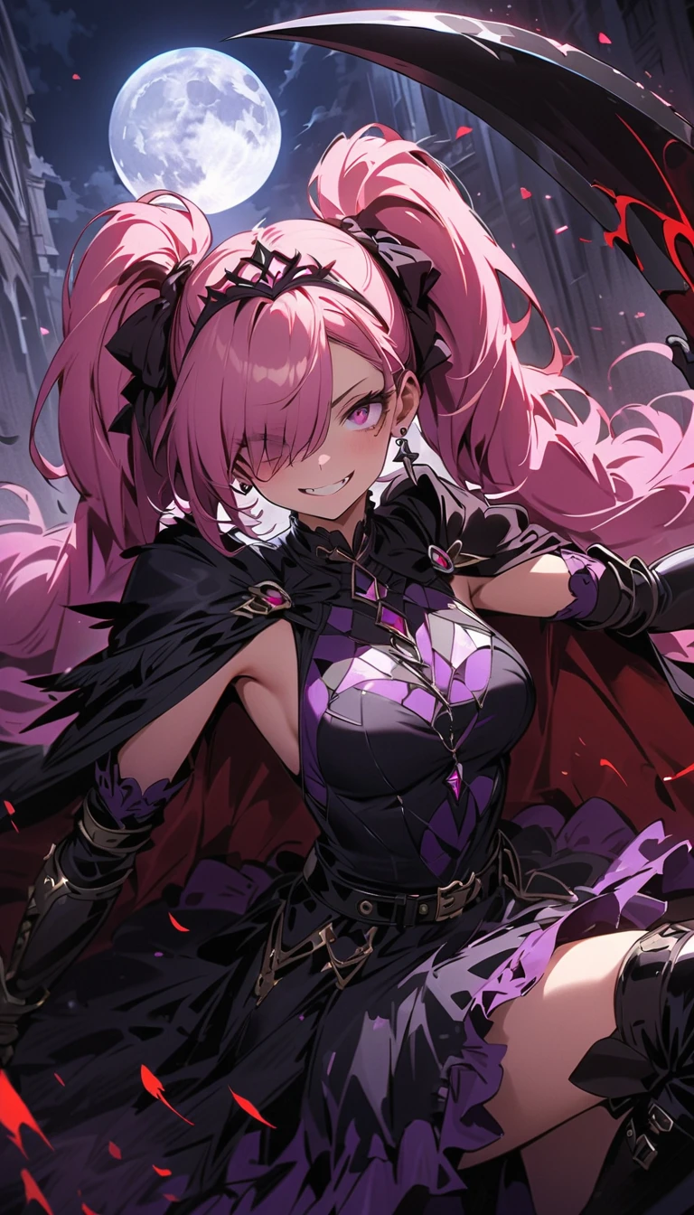 A pink haired female with violet eyes with an hourglass figure in a black Gothic suit is spinning her scythe in the underworld