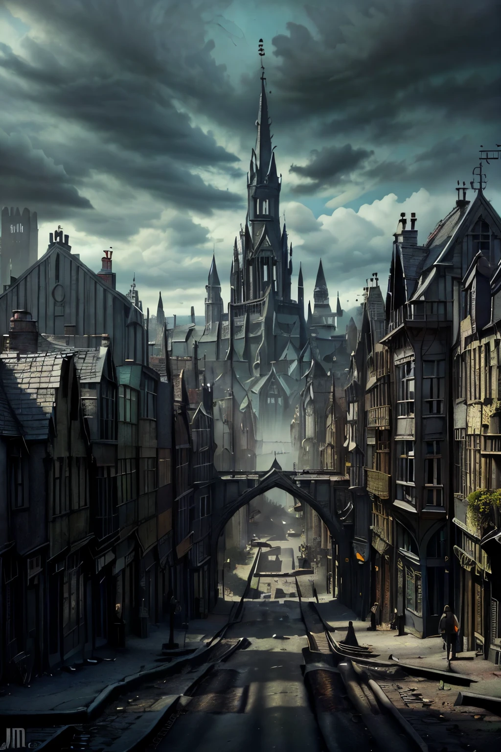 ((best quality)), ((masterpiece)), extremely detailed, delicate texture, aesthetic gothic collection, general term for (gothic architecture, art, fashion, literature, thought, style, and culture), gothichorrorai, (sinister), (dark), (gloomy), ((Victorian era)), ((gothic architecture)), ((street level)), ((pedestrian perspective)), ((a street level view of a dense slum like residential district of a gothic city)), ((the dark underbelly of the city)), ((the city proper rises and looms over like a canopy)), ((a mixture of rickety wood building structures and an older more permanent stone city foundation)), ((wooden walkways criss-cross above)), (the buildings rise up out of view), (the street before us is extemely narrow with a trickle of water and sewage runnoff flowing down the centre of the street)