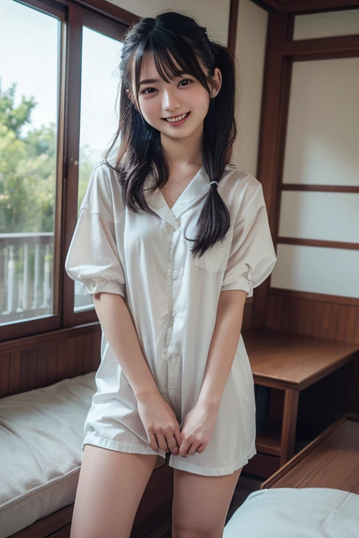 masterpiece,Highest quality,raw photo,DSLR,Japanese beautiful girl,(10 year old) ,My Room,Bright rays of the sun,Stand in front of a window,silhouette,very thin legs,,flat chest,smile,Sitting on a fluffy cushionLittle girl's face,s Body,Childish,pajamas