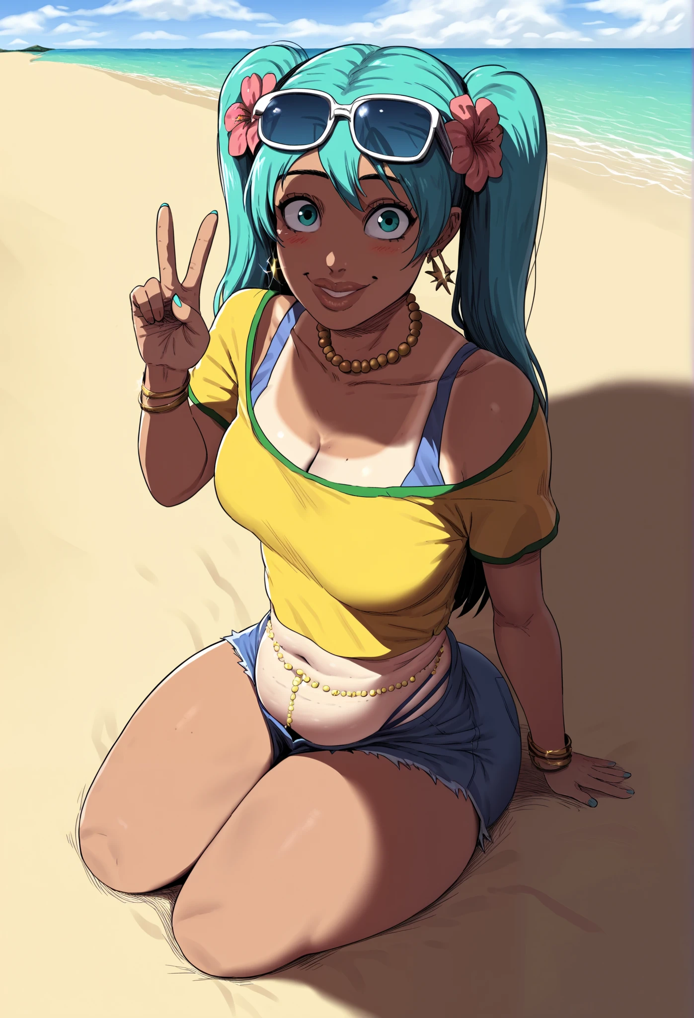 (anime art style:1.0), D-art art stD-ar1, Miku Brazilian,  2d, masterpiece, best quality, very aesthetic, absurdres, dynamic shadows, atmosferic, close up, from above, from the back, brazilian_miku, modest clothing, tanned skin, licht brown skin big lips, plump lips, 1girl, solo, aqua hair, (twintails), bangs, aqua eyes, big breasts, (curvy body), big ass, wide hips, thick thighs, tanlines, makeup, blush, collarbone, cleavage, blue garters, blue panties covered by shorts, yellow crop top, pulling her crop top down to tease, denim shorts, booty shorts, panties, off shoulder, short sleeves, sunglasses on head, flower on hair, bead choker, belly chain, gold earrings, gold bracelet, (dark skin:0.2), smile, opened mouth, (v), sitting, wariza, opened legs, big butt, huge boobs, showing buttcrack slichtly, (looking at viewer:1.0), from behind, beach, sea, clouds