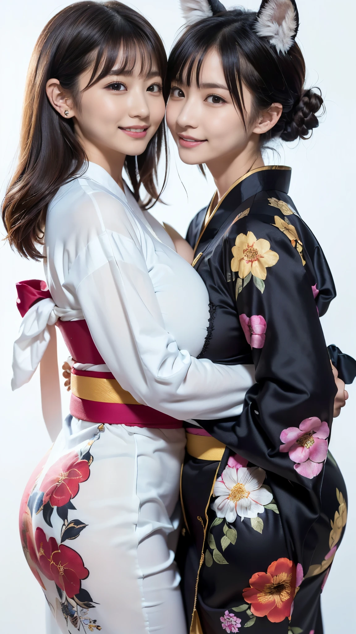 top quality, Masterpiece, ultra high resolution, High-definition RAW color photo, pro pics, natural skin texture, fine skin, hyperrealism, Ultra-Fine,16k,(((gigantic breasts))),Japan,(((煌びやかなJapanの着物,floral long sleeve kimono,right color花柄振袖, fox ears,(( erect nipples,heart pasties,asymmetrical docking, 2 Women with Skin Close,hug,2 Women with Beast Ears ,from side,white minimal background)))))