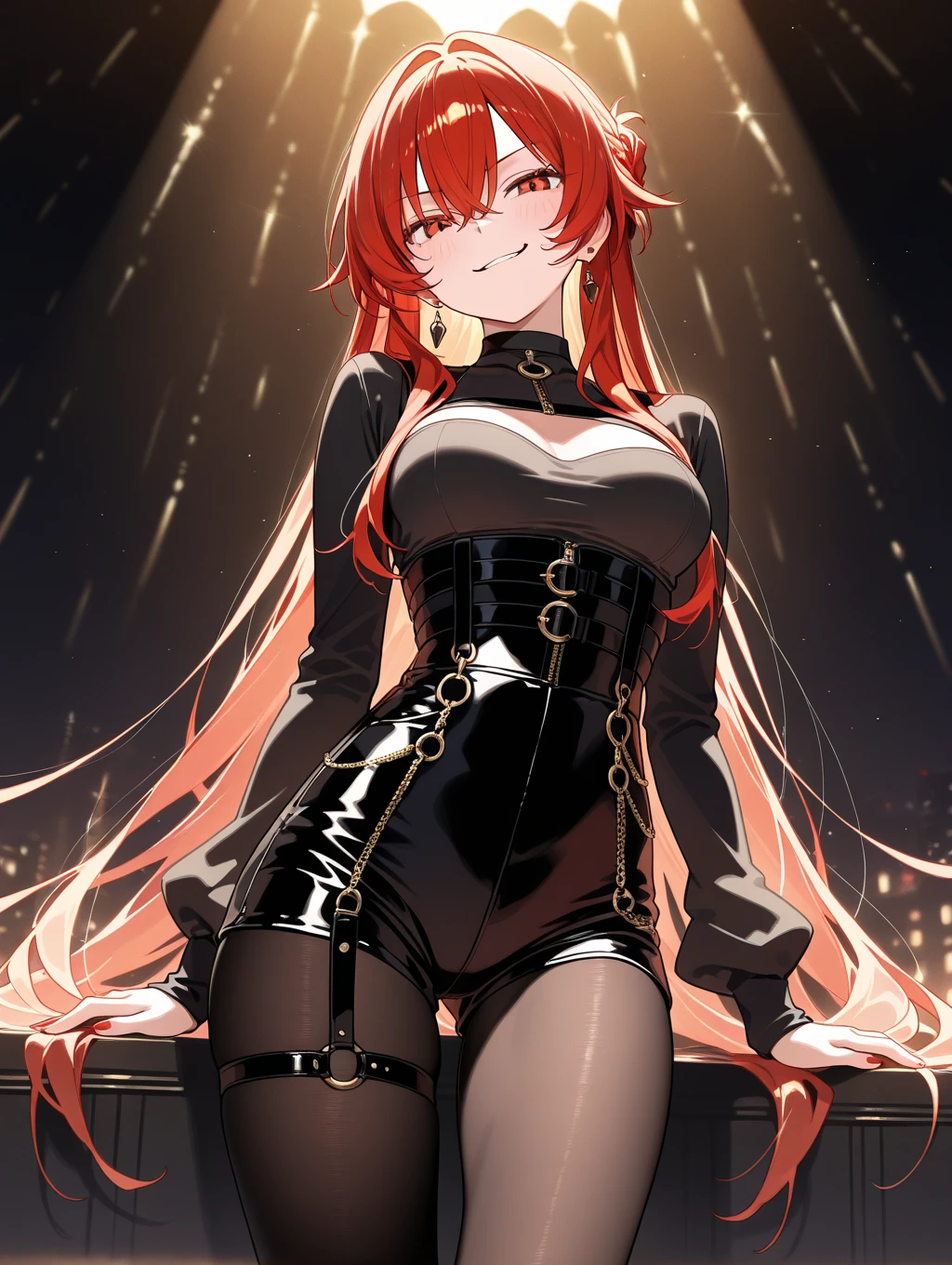 masterpiece, best quality, 1girl, long hair, big bust, very long red hair, yellow eyes, two low ponytails , black dress, jewels, ruby earrings, good anatomy, red gloves, boots, heels, evil, emotionless, intimidant, bloody, detailed eyes, dark background, close up, ((detailed eyes)), beautiful eyes, hair bang, frontal look