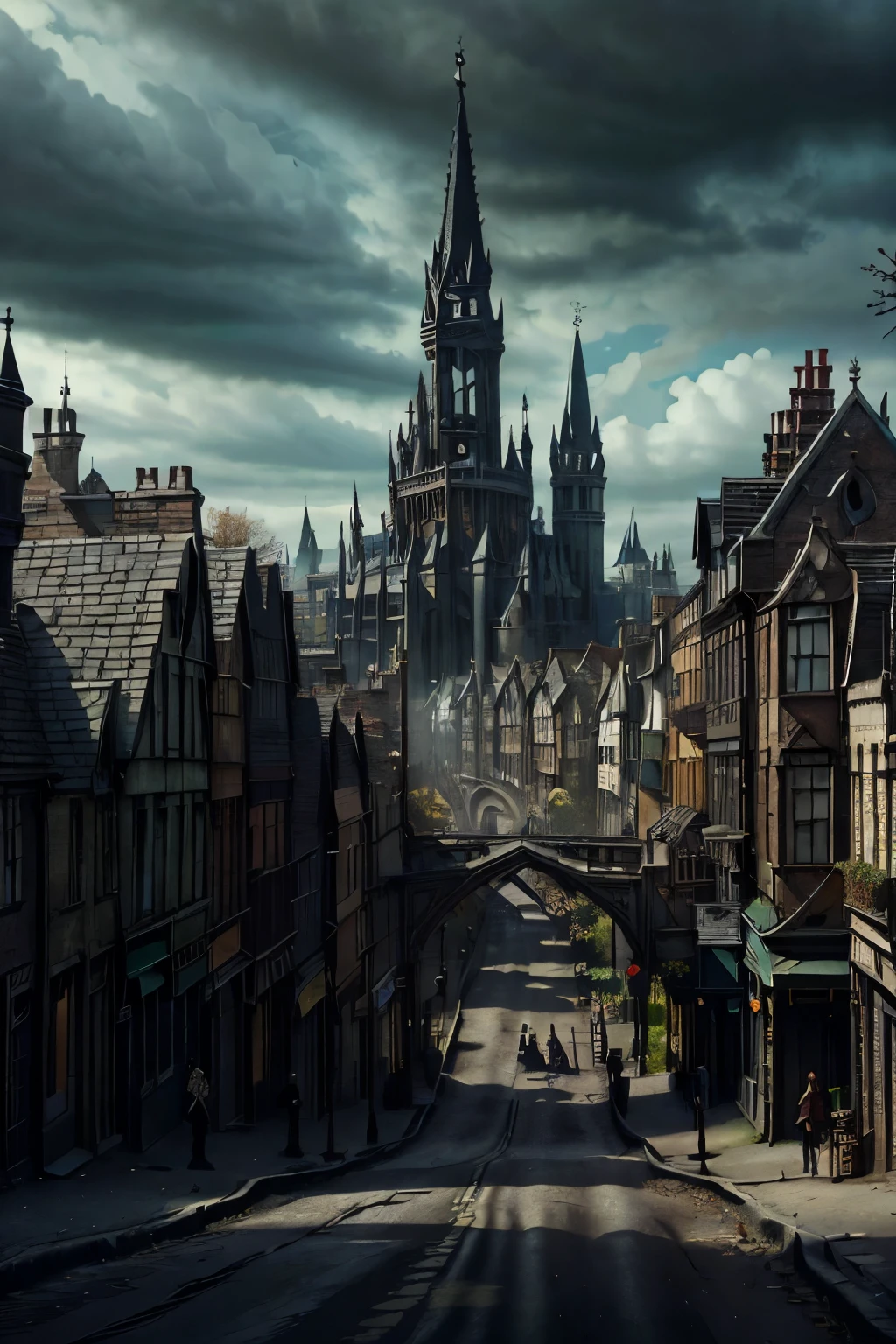 ((best quality)), ((masterpiece)), extremely detailed, delicate texture, aesthetic gothic collection, general term for (gothic architecture, art, fashion, literature, thought, style, and culture), gothichorrorai, (sinister), (dark), (gloomy), ((Victorian era)), ((gothic architecture)), ((street level)), ((pedestrian perspective)), ((a street level view of a dense slum like residential district of a gothic city)), ((the dark underbelly of the city)), ((the city proper rises and looms over like a canopy)), ((a mixture of rickety wood building structures and an older more permanent stone city foundation)), ((wooden walkways criss-cross above)), (the buildings rise up out of view), (the street before us is extemely narrow with a trickle of water and sewage runnoff flowing down the centre of the street)