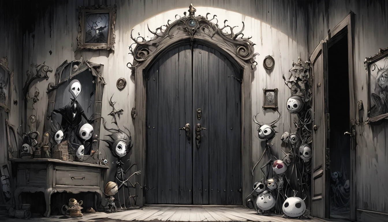 a spooky room in a haunted house with a skull on a table, spider webs, candlelight
