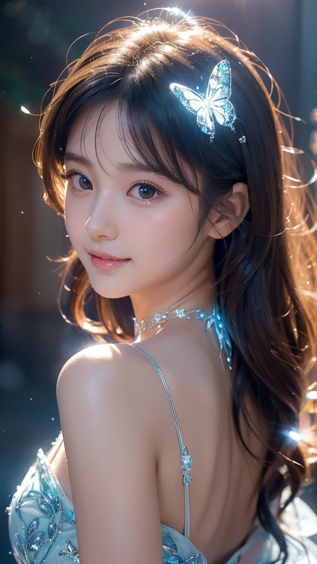 One girl, Japanese girl, baby face, idol, ((very cute girl)), beautiful girl,kawaii,loli,ultra detailed face,realistic face, (three-dimensional face), shining smile, soft hair, shoulder-length hair, long thin eyes, clear eyes, beautiful eyes, long eyelashes, shiny skin, white skin, (three-dimensional body), perfect body,She stands in an enchanted cave, surrounded by soft, dreamlike lighting, ((A stunning fantasy princess with delicate crystal hair ornaments, a shimmering ice-blue gown adorned with intricate butterfly patterns, and a sparkling gemstone choker)), ((Her dress glows with an ethereal light, reflecting a magical icy ambiance)),crystal pumps,(photo, 4K, 8k, high resolution, Super fine, Full HD, highest quality,absurdres,crisp quality,sharp focus,rich contrast),(masterpiece,best quality,ultra detailed,intricate,professional quality)