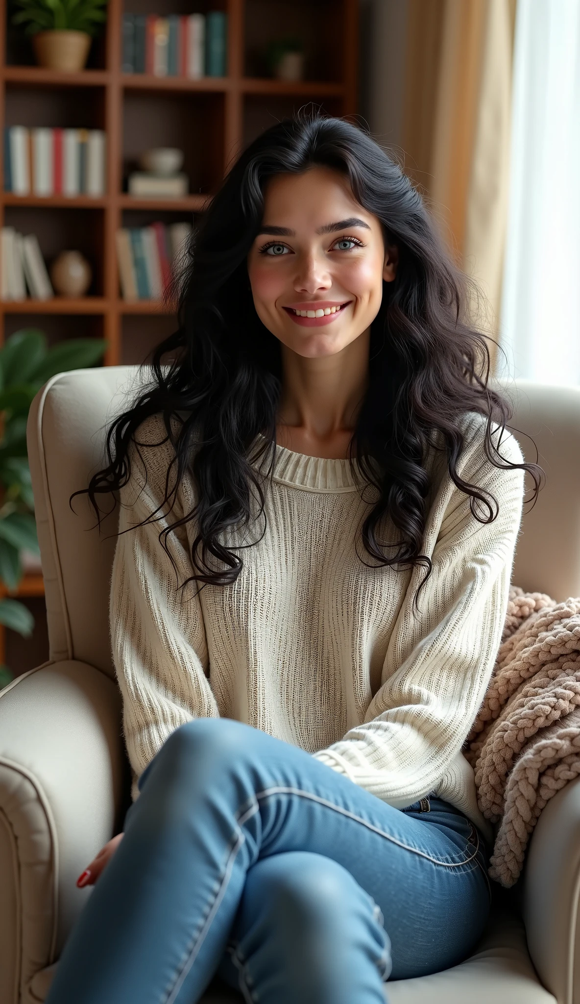 A brunette girl with curly hair and big breasts sits with her legs stretched out, taking a realistic photo
