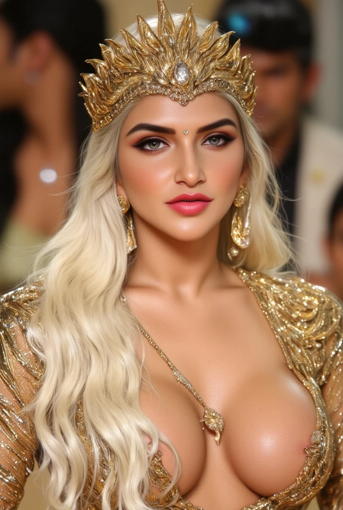 Elsa Jean wear jewellers, Indian traditional dress. Very gorgeous beautiful, sexy. Standing in Indian wedding event place. Lot of people behind him. Masterpiece hyper realistic. Detail image. Hyper detail image.full length photo showing full body of Elsa Jean.