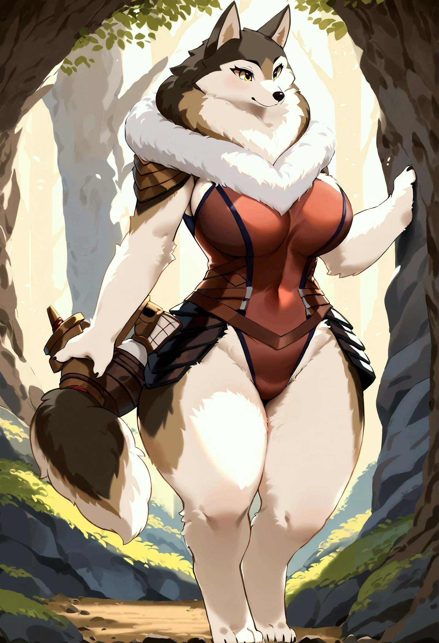 furry, wolf, fluffy, wide hips, breast, wolf tail, fluffy body, cute, female, forest, inverted , bikini armor, knee high socks, white hair, husky