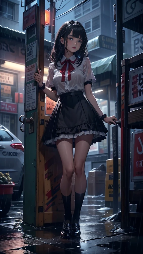 ((8K，tmasterpiece，Best quality at best，hyper-detailing，realistically))，Extremely detailed face，电影灯光，电影灯光，Ray traching，unlit hair， on a cloudy street，Corner store，Bus stop，Torrential rain and heavy rain，Girl with long black hair and black eyes.。(She was wearing a red fur-trimmed hooded jacket，White color blouse，Short black skirt and black garter belt，Clothes soaked by rain，Black exposure，outdoor depth tent ），Cinema lens lighting