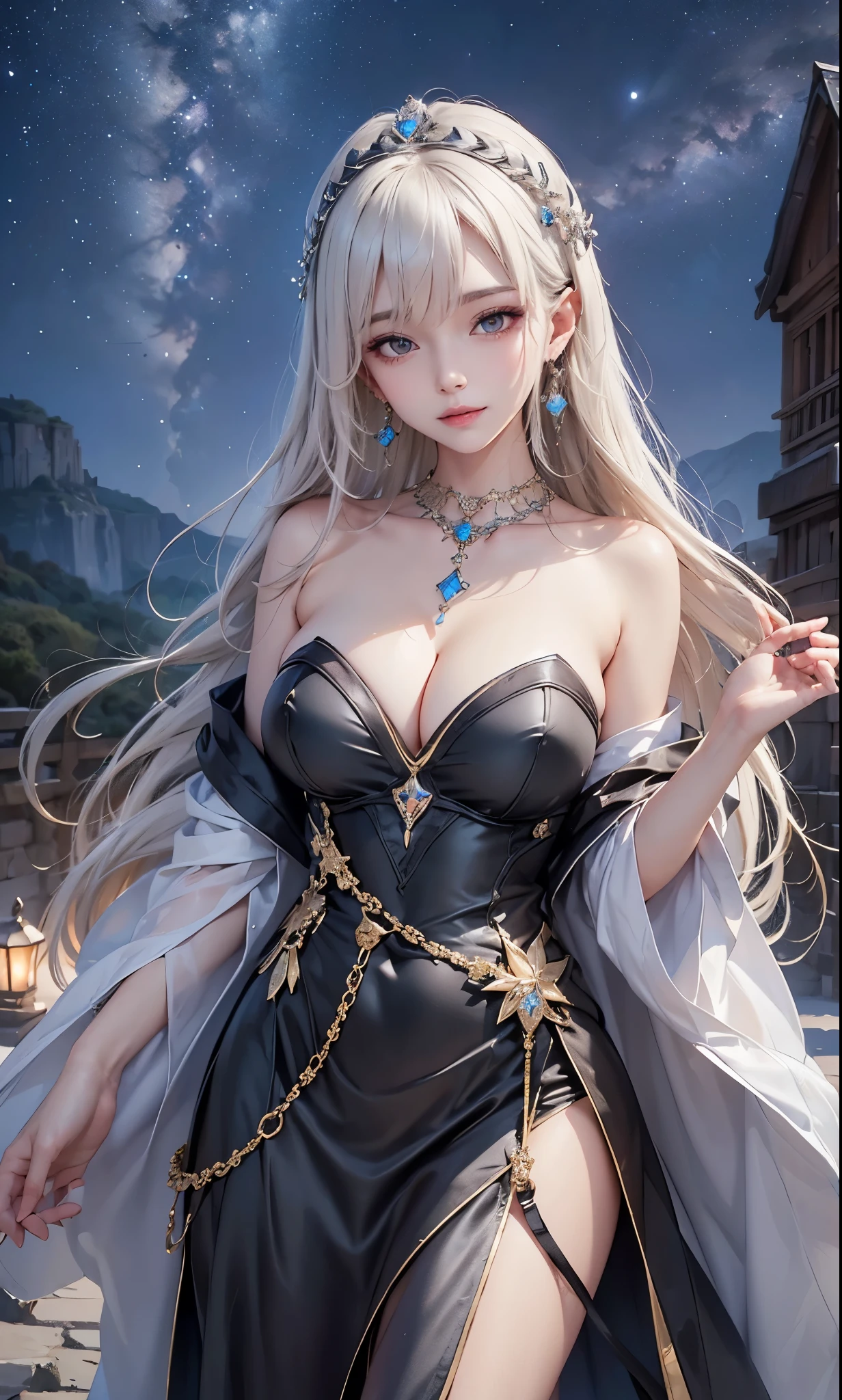 (masterpiece, top quality, 1 female, solo, exquisite details, chromatic aberration), (realistic), (skin), ((breathing)), (silver hair, blunt bangs, short cut straight long hair, short cut bangs, silver hair), beautiful hair, red headdress, blue highlights, hair over one eye, cute eyes,purple eyes, thick lips, earrings, piercing eyes, ((gold and white kimono)), ((symmetrical eyes)), ((perfectly symmetrical body)), ((perfectly symmetrical hands)), (purerosface_v1:0.3), night, (((self, natural light))), bright lighting, flowers blooming in the background, front of viewer, ((central shot, from the front, (face and waist))), mysterious atmosphere, flowers blooming around, light colored background, fortune teller in kimono, beautiful fortune teller, fortune teller, fantasy female fortune teller, female fortune teller, f Fantasy photography, magician, witch fairy tale, Japanese style, elegant cinematic fantasy art, fantasy woman, magician portrait, casting a spell, fortune teller, A powerful wizard stands in a mysterious forest, fluttering robes adorned with symbols, holding a glowing heart crystal ball, eyes glowing with mystical energy, spells leaking from his mouth, vivid swirling patterns of black magic pulsating in hues of red and blue appear in the air, magic permeates, flowers bloom and sacred creatures gaze in awe, threads of magical energy dance, revealing hidden realms and unravelling secrets, capturing the essence of this enchanting moment and bringing to life the mysterious power of black magic on a canvas of the highest quality and finest detail. Top Quality, Masterpiece, Ultra High Resolution, (Photorealistic: 1.4), RAW Photo, Sharp Focus, High Resolution, Detailed Skin, .